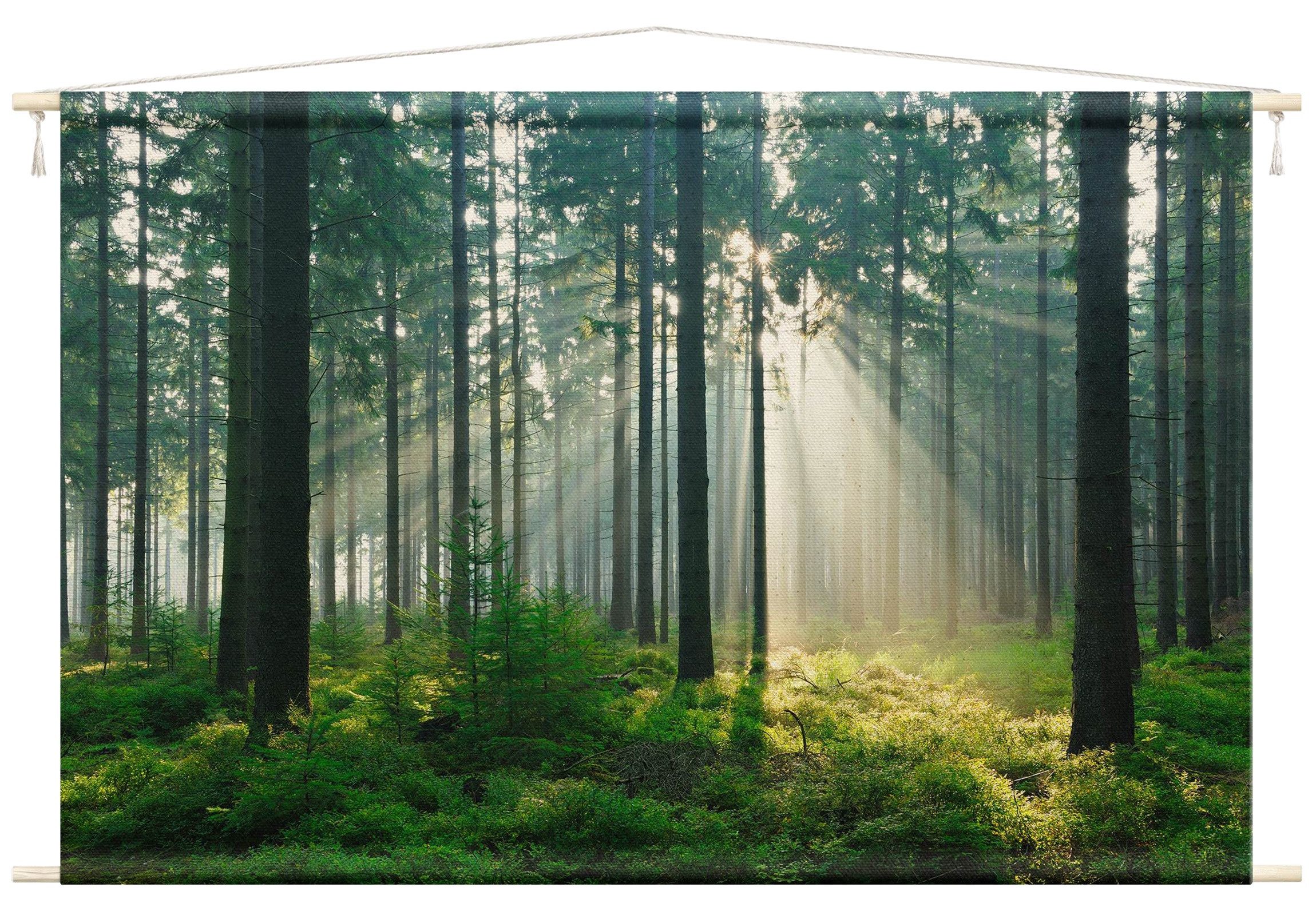 Bilderdepot24 Wandteppich modern Wald Natur grün, rechteckig, Höhe: 2.6 mm, großes Wandbild aus Natur-Baumwolle Wandbehang Stoffbild Tuch Wollseil