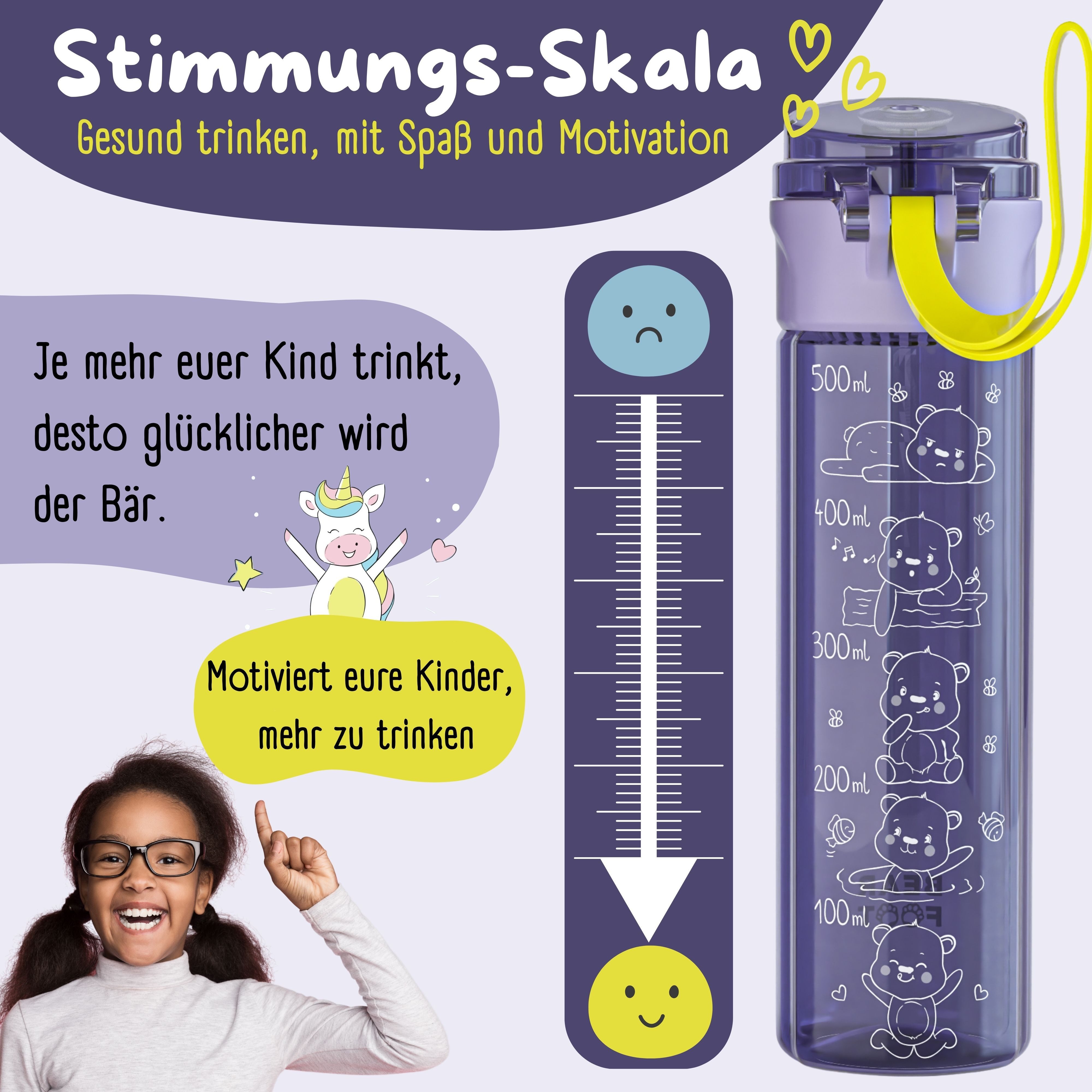 BEARFOOT Trinkflasche Trinkflasche Kinder, leichte Wasserflasche - Logo lila