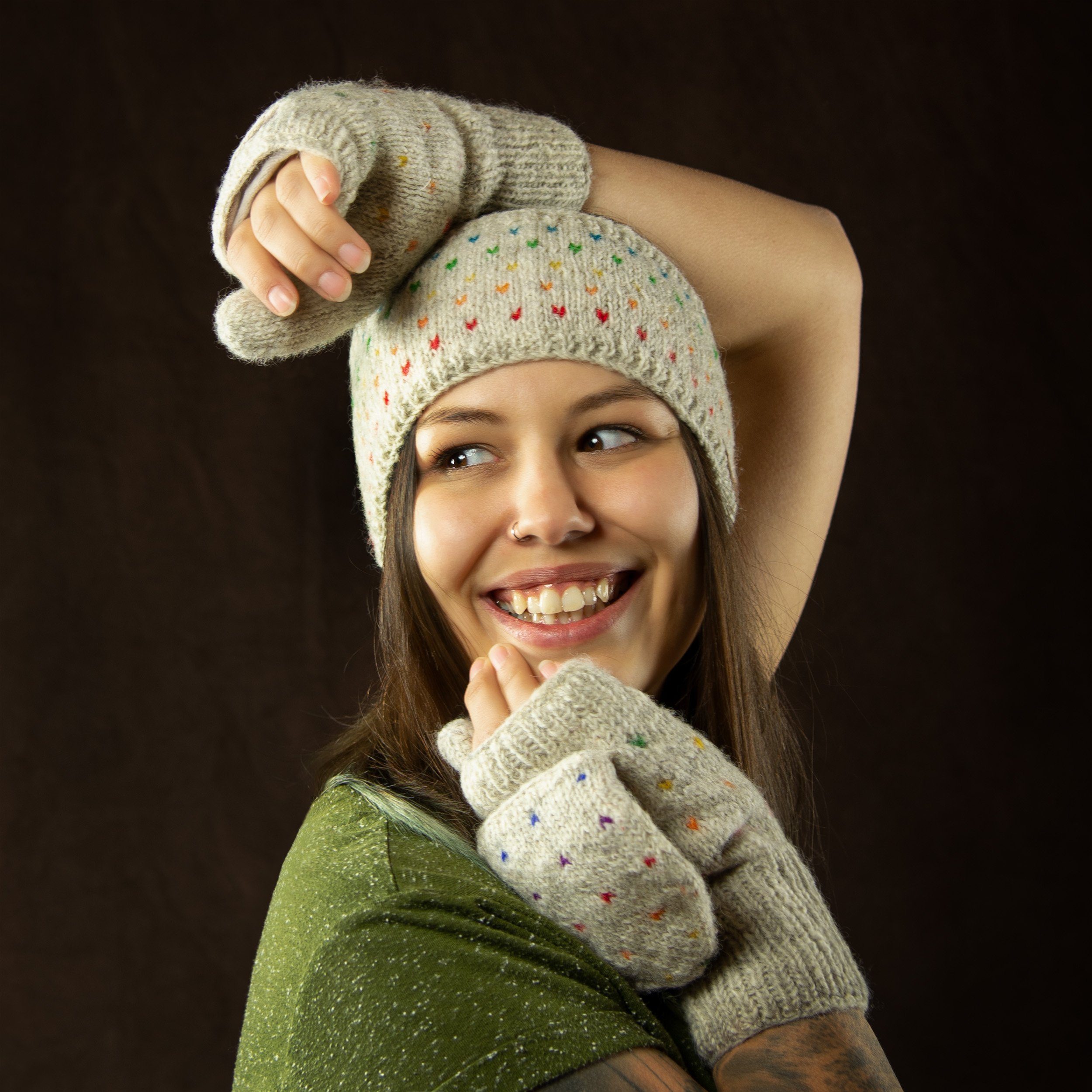 Stirnband McRon Modell Naturbraun Fleece, Regenbogen Nadja gefüttert mit hoher Schurwollanteil