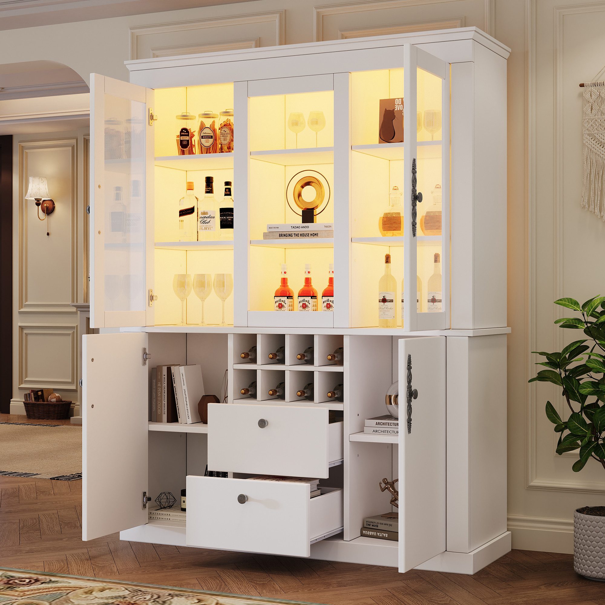 Merax Standvitrine Vitrine mit LED und Weinregal (Standregal Schrank, 1-St) Wohnzimmerschrank mit Glas, 4 Türen & 2 Schubladen, 130x37,5x170,5cm