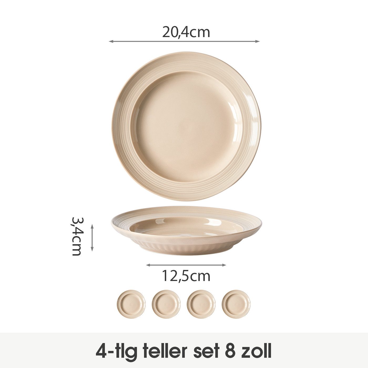 JIWOO Speiseteller 4er Ø20,4cm, Frühstücksteller Salatteller Pastateller Brotteller, (4 St), Plate Hochwertiges Tellerset Braun Mikrowellenofen Spülmaschine