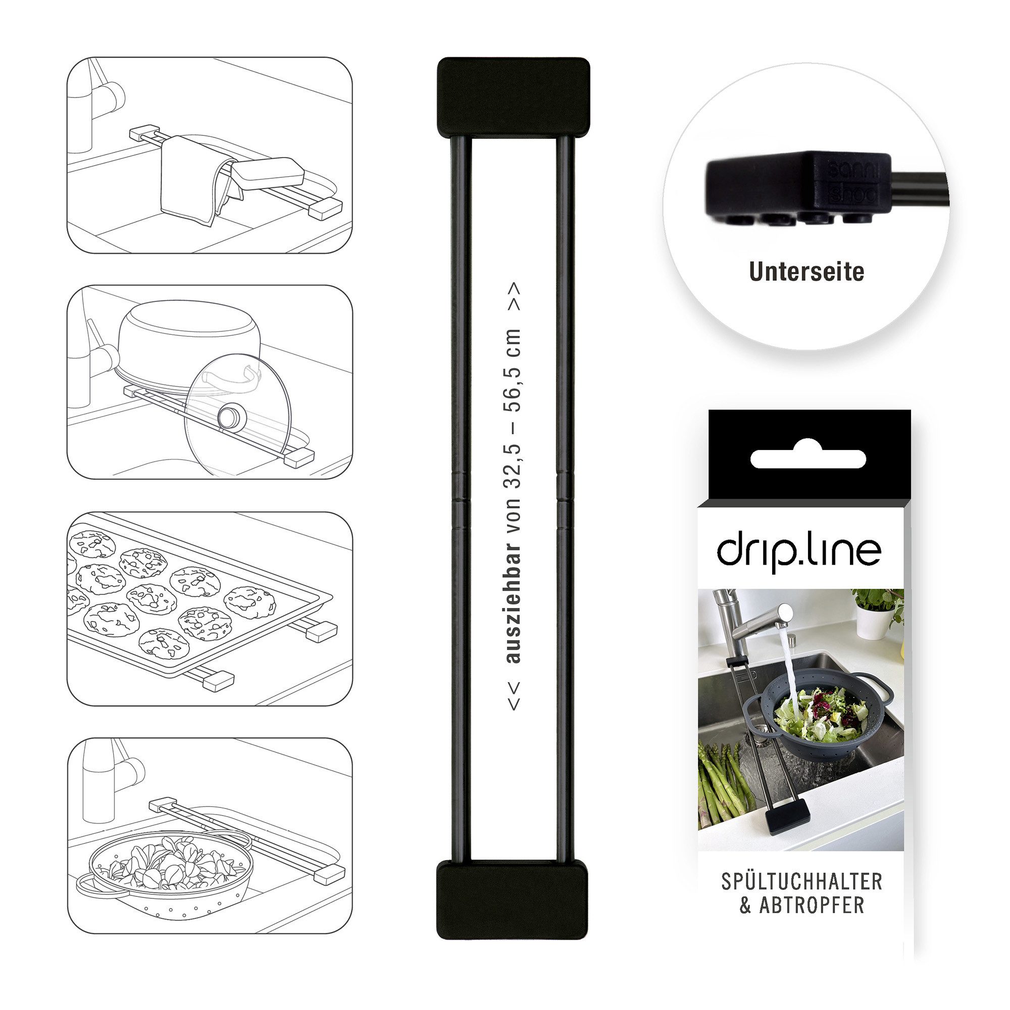 Nuts Spültuchhalter Sanni Shoo drip.line Spültuchhalter BLACK, Teleskop-Funktion, ausziehbar von 32,5cm-56,5cm