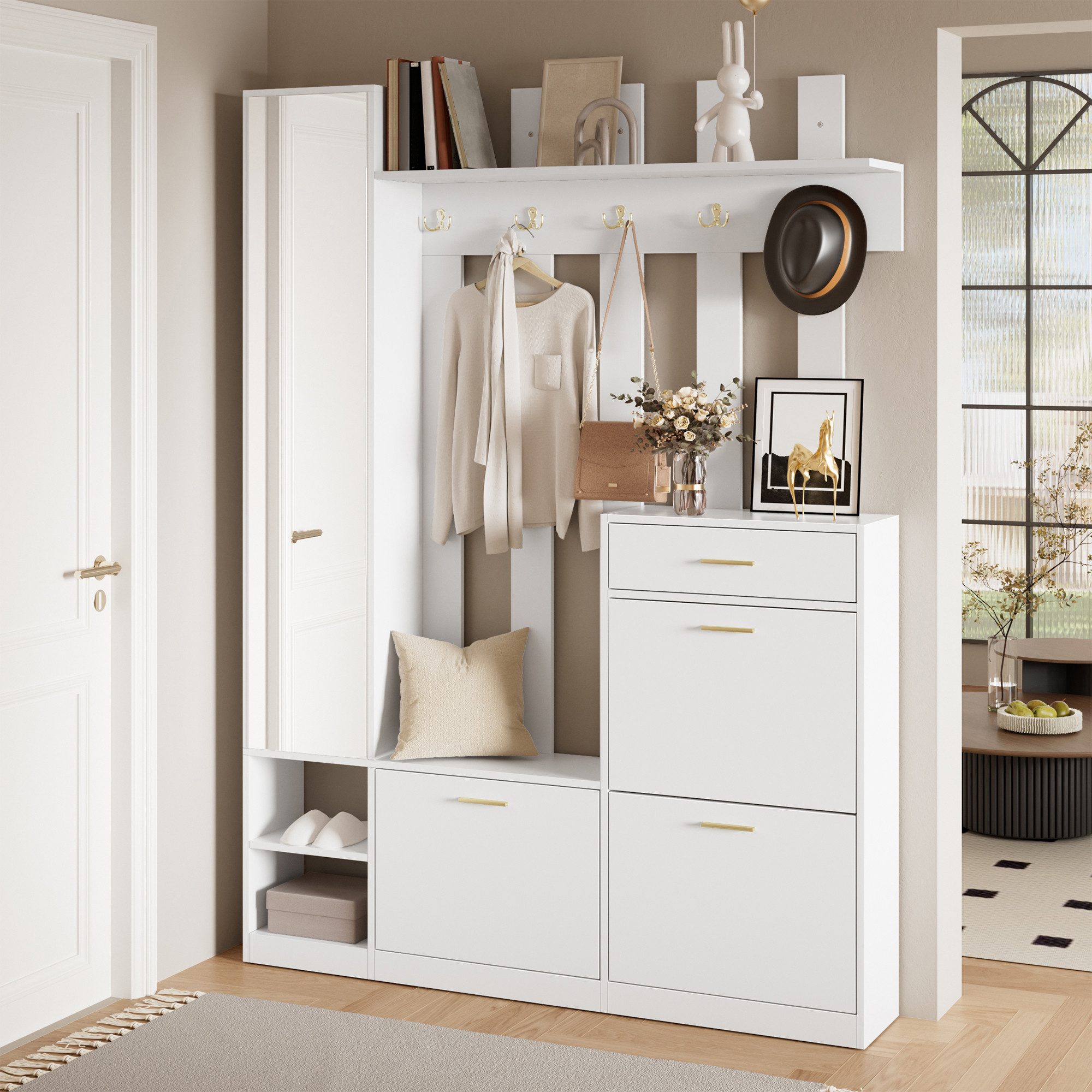 Merax Garderoben-Set Garderobenset, Wandgarderobe mit Haken, Spiegelschrank, (1-St., Schuhkipper mit 3 Klappen, Sitzbank und Schublade), Garderobenständer, Flur Möbel