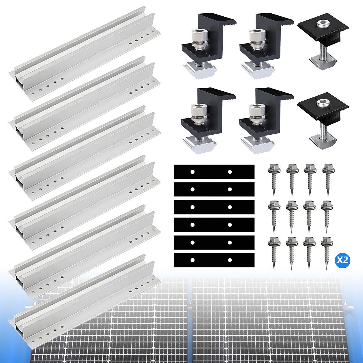 Rhein Beleuchtung Solarmodul-Halterung Für 2 Solarmodule Halterung Trapezblech & Flachdach, (Kompatibel für gängige Solarpanels – robust & korrosionsbeständig, PV Befestigungsschiene Montage 35 mm Aluminium)