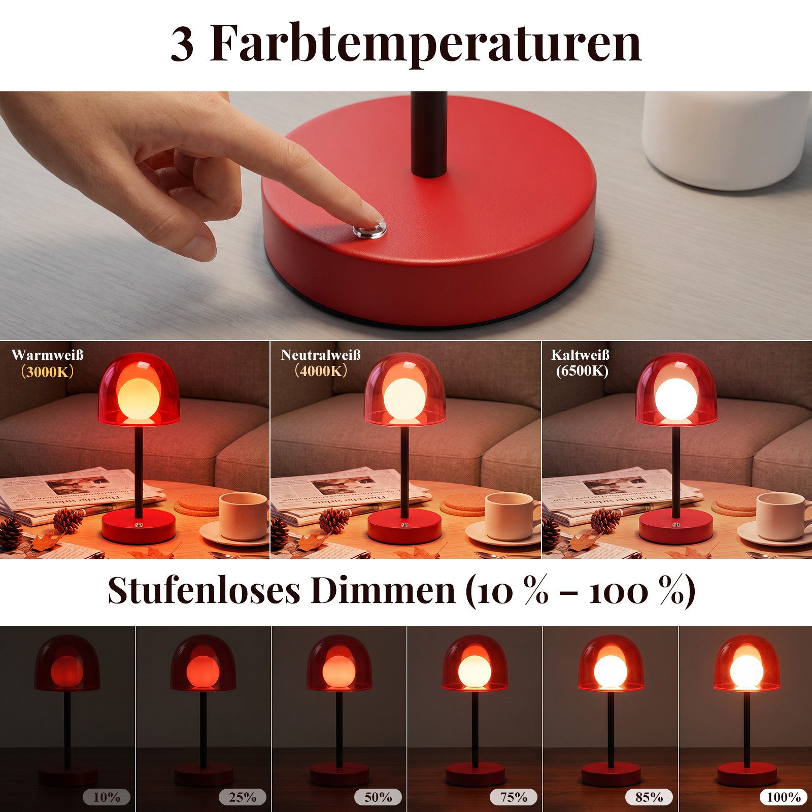 Nettlife LED Tischleuchte kabellos dimmbar Touch 3 Farbtemperaturen Akkubetrieb Nachttischlampe, für Schlafzimmer Wohnzimmer Arbeitszimmer Büros – Bild 2 von 5
