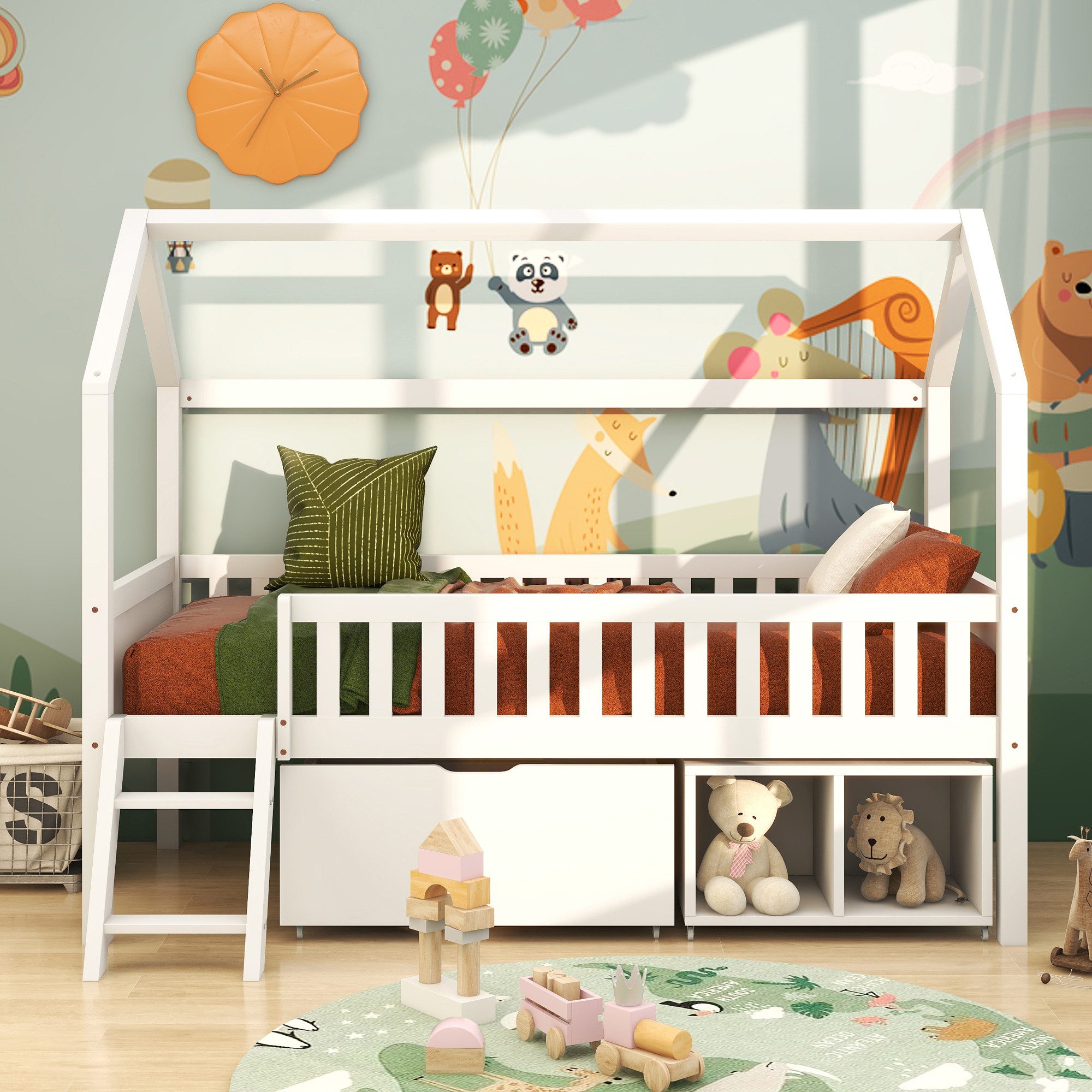 Flieks Hochbett Hausbett Kinderbett mit Stauraumfächern 90x200cm Kiefer günstig online kaufen