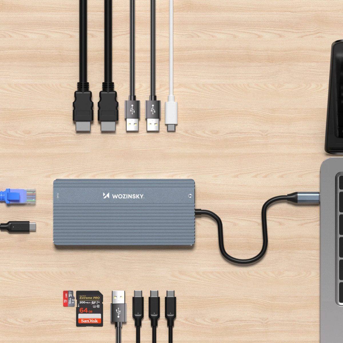 Wozinsky WDS03Y5S USB-Adapter HDMI, DisplayPort zu USB-C, 15 cm, 14-in-1 USB-C Hub mit 3 Monitoranschlüssen & 100 W PD