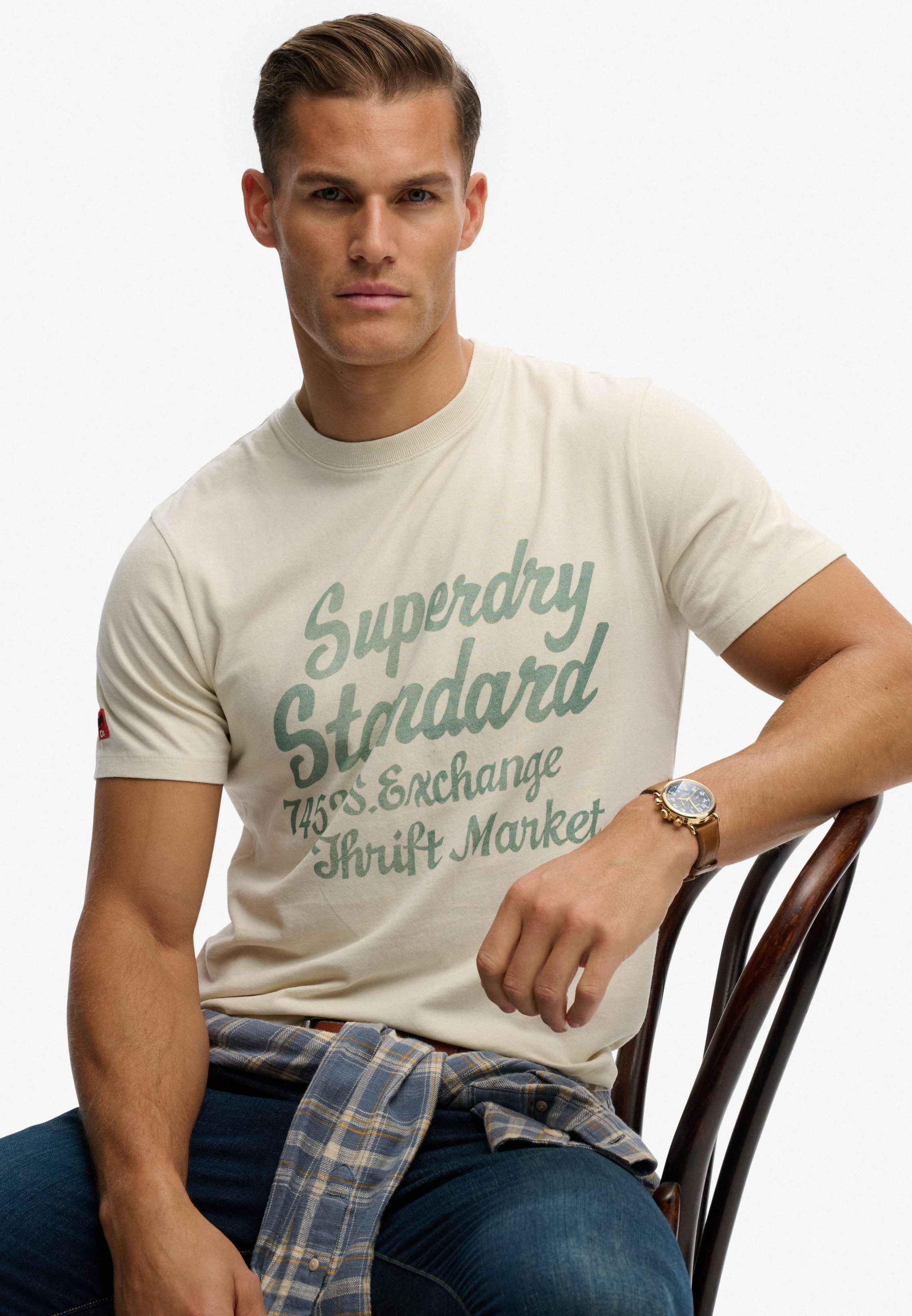 Superdry Rundhalsshirt Industry Worker Relaxed Tee aus Baumwolle und Single Jersey, Regular Fit, mit Druck, Kurzarm