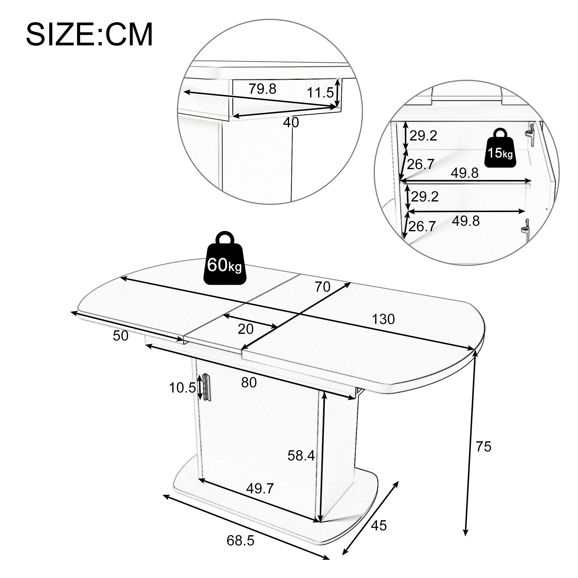 Flieks Esstisch erweiterbare Tischplatte (Verstellbare Länge 110-130xT70xH75 cm, 1-St., 1 multifunktionaler Tisch), ausziehbar Tisch oval Küchentisch mit Staura – Bild 3 von 5