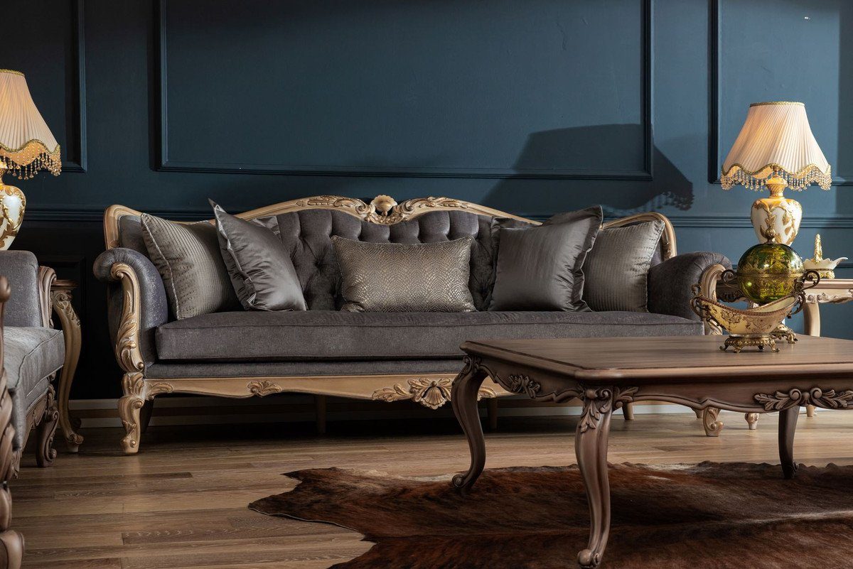 Casa Padrino Sofa Luxus Barock - Grau Barock - Handgefertigtes / Wohnzimmer Sofa Sofa im Naturfarben Wohnzimmer Möbel Barockstil