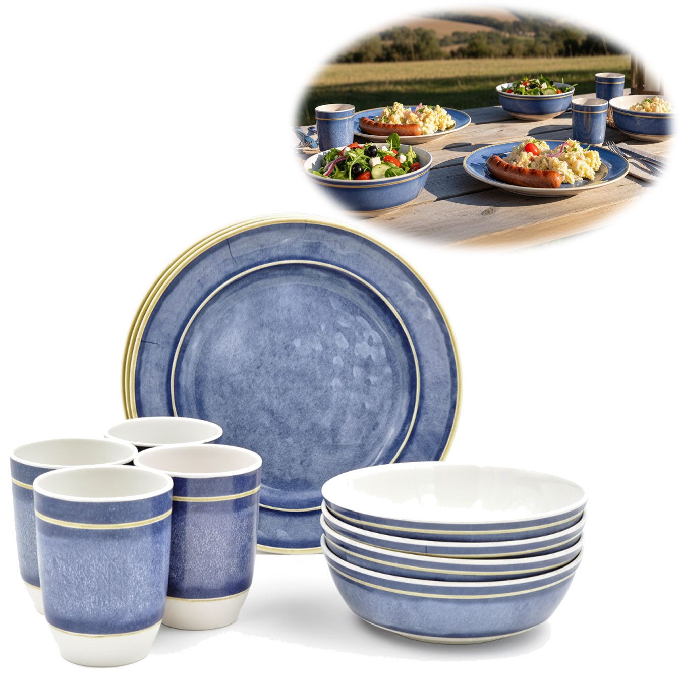 LS-LebenStil Geschirr-Set Camping-Geschirr Set 12-teilig Maritim Blau Weiß 4 Personen Picknick (12-tlg), 4 Personen, Kunststoff, Becher Teller Schüsseln - ideal beim Camping Wandern