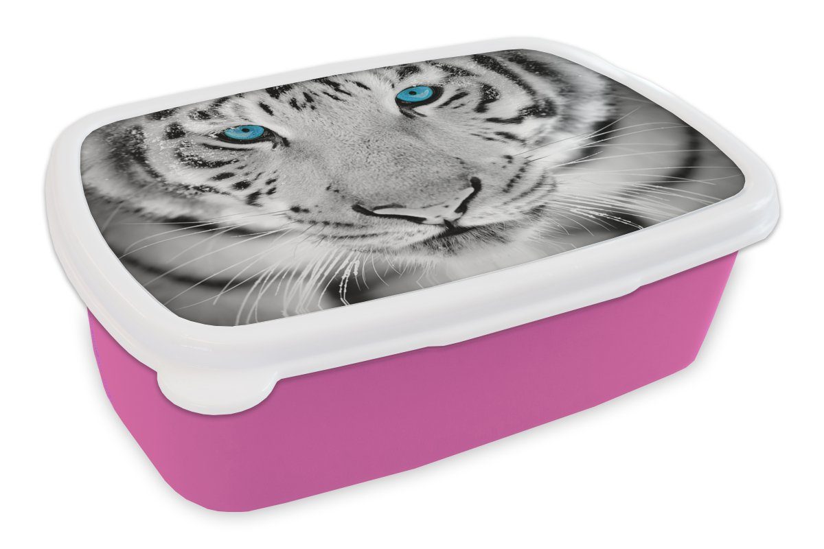 MuchoWow Lunchbox Tiere - Tiger und - (2-tlg), Mädchen, Brotbox Schwarz Blau für Kunststoff, Kinder, - - Snackbox, Brotdose Kunststoff Augen Erwachsene, weiß, rosa
