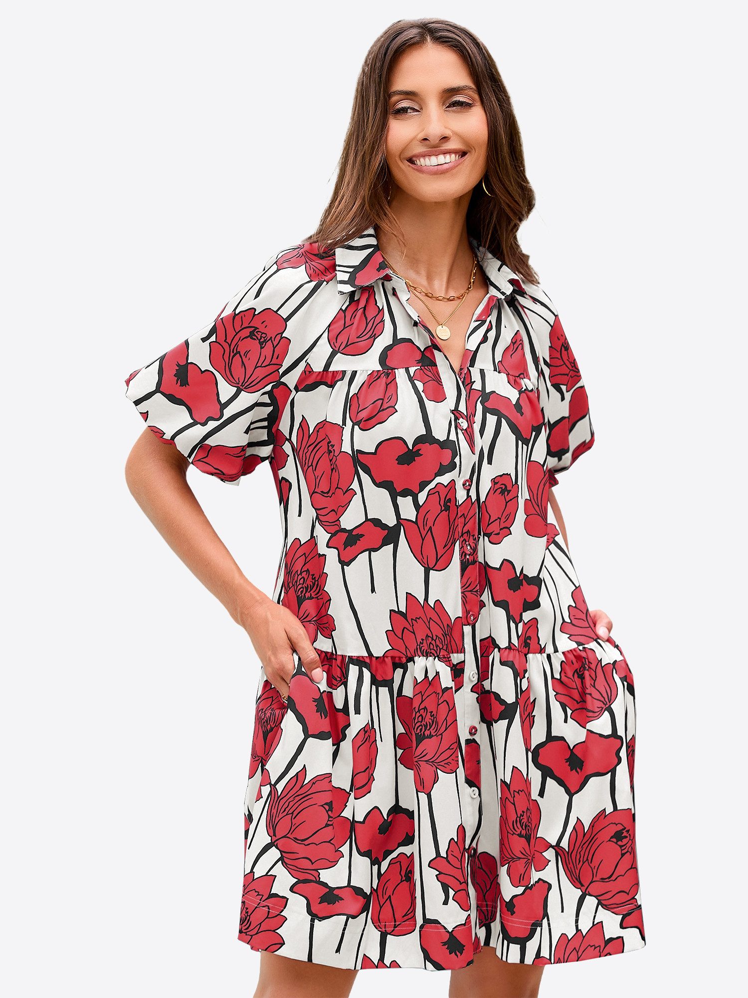 Imily Bela Minikleid Damen Hemdblusenkleid mit Knopfleiste (Packung, 1-tlg., 1per-Pack) mit Puffärmel