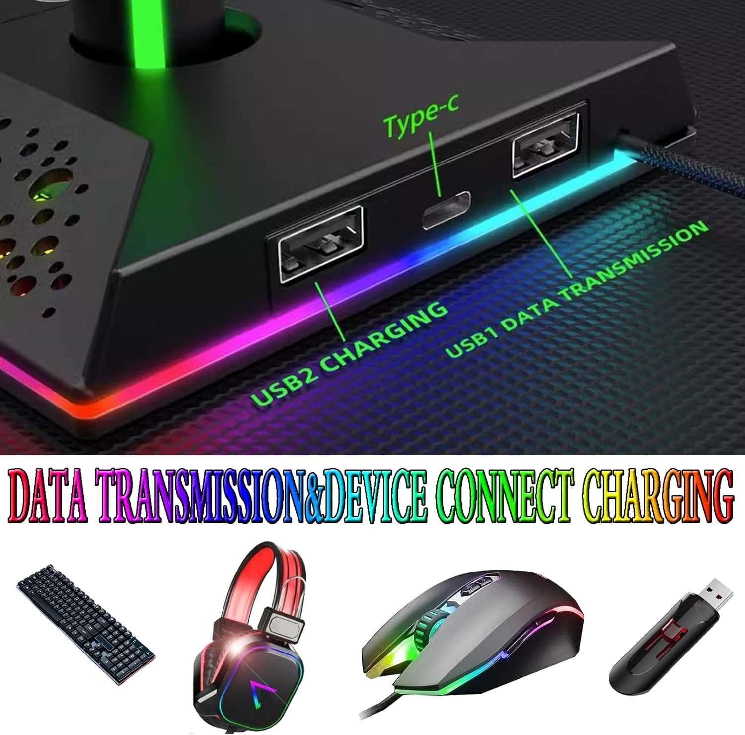 AURIVION RGB Kopfhörerständer mit 10 Leuchtmodi für Gaming Controller (Set, 3 St., Gaming Headset Halter mit 2 USB & 1 USB-C Anschluss)
