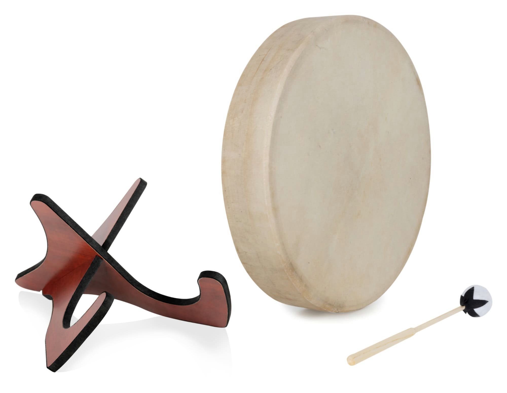 Classic Cantabile Trommel Schamanentrommel mit Ziegenfell bespannt - Handtrommel,SD-18, 3-St., Inkl. Schlägel und Ständer, Anregende Wirkung - Mit Haltevorrichtung