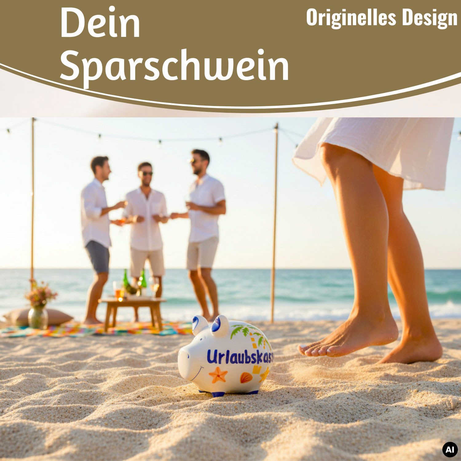 LS-LebenStil Spardose Keramik Sparschwein Spruch Urlaubskasse Palme Weiß Blau Sparbüchse, (perfekt als Geschenk zum Geburtstag Hochzeit oder Verlobung, Taufe, 1-tlg., 100% von Handbemalt, mit Filzgleiter - keine Kratzer), Exklusives Design, Originelle lustige Sprüche