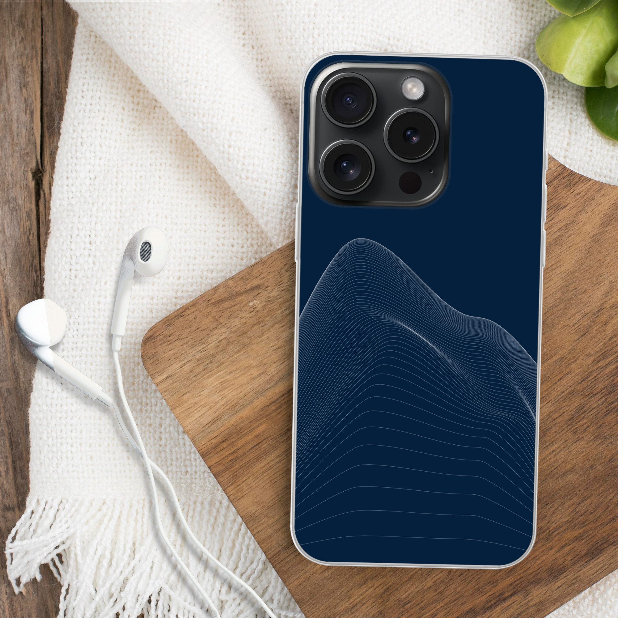 MuchoWow Handyhülle für Apple iPhone 15 Pro Linien - Abstrakt - Blau - Weiß, Smartphone-Bumper, Print, Handy Schutzhülle Dünn