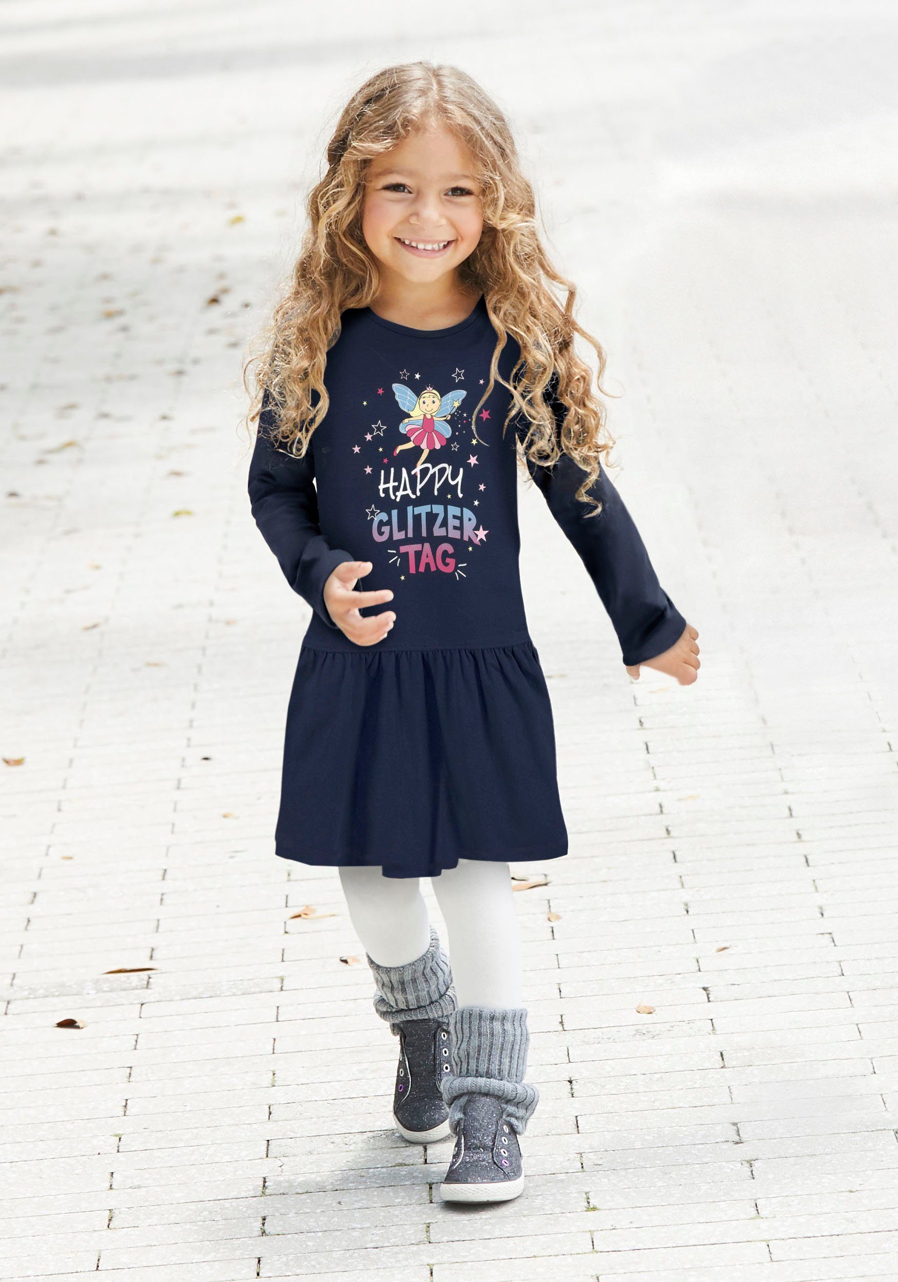 KIDSWORLD Jerseykleid HAPPY GLITZER TAG kniefreie Länge, verspielter Look, aus Baumwollmischung