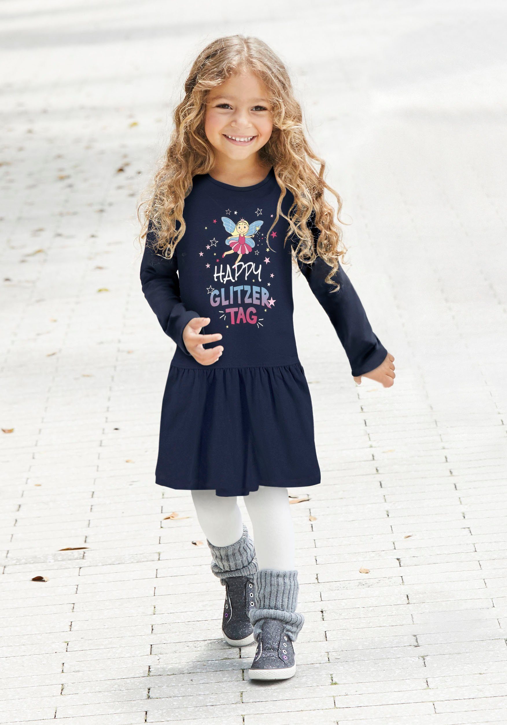 KIDSWORLD Jerseykleid HAPPY GLITZER TAG mit glitzerndem Print | Sommerkleider