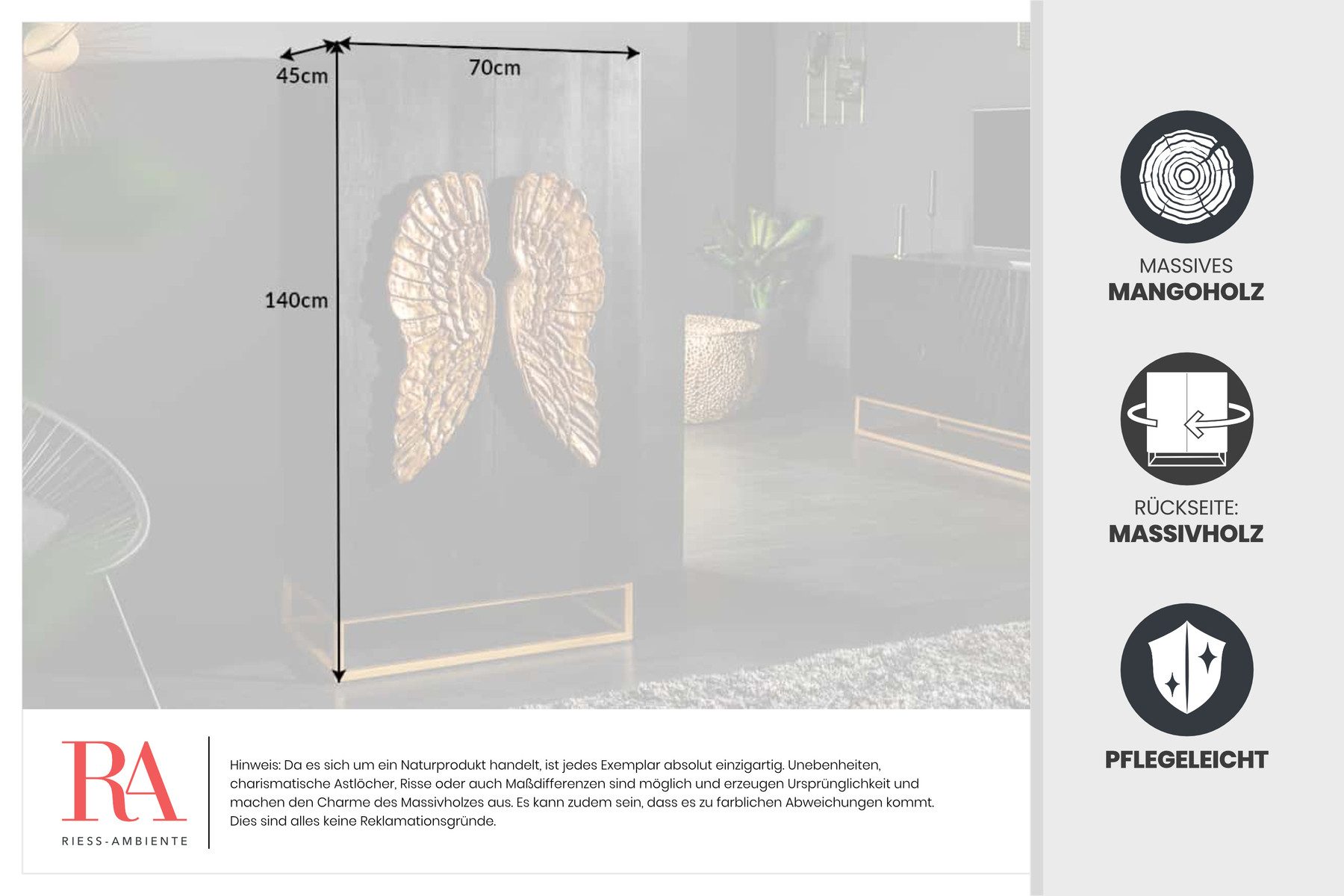 riess-ambiente Highboard ANGEL 140cm schwarz / gold, Massivholz · Anrichte · Kommode · mit goldenen Flügeln · Mangoholz – Bild 4 von 5