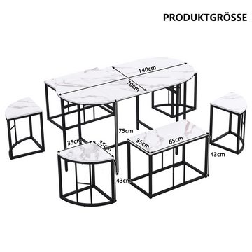 PHOEBE CAT Essgruppe, (7-tlg., mit Esstisch, 4 kleinen Hockers und 2 großen Hockers), Küchentisch Set, Tisch in Marmoroptik, Stahlrahmen