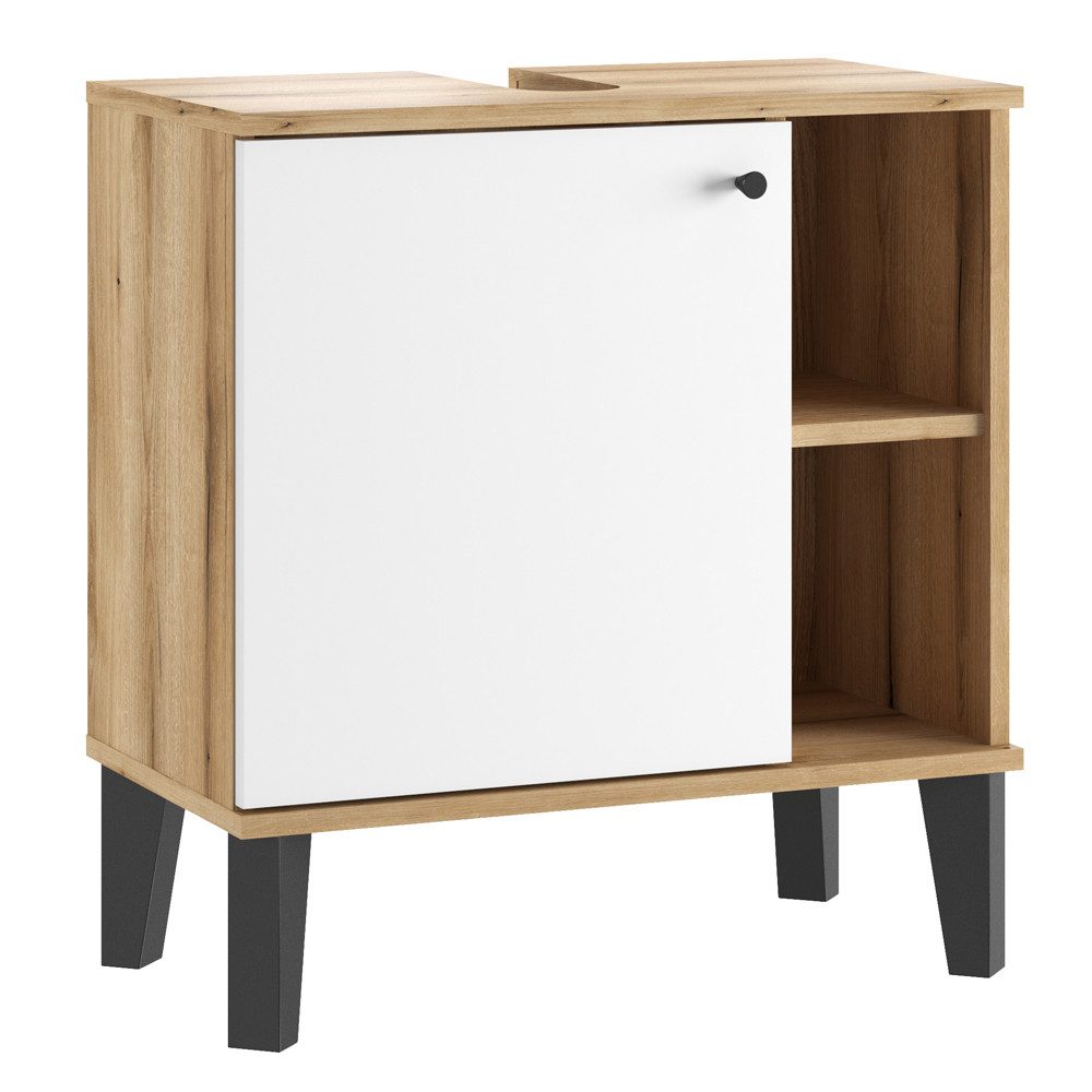 Lomadox Waschbeckenschrank OLEAN-61 Eiche weiß Möbelfüße modern 60x65x33 cm