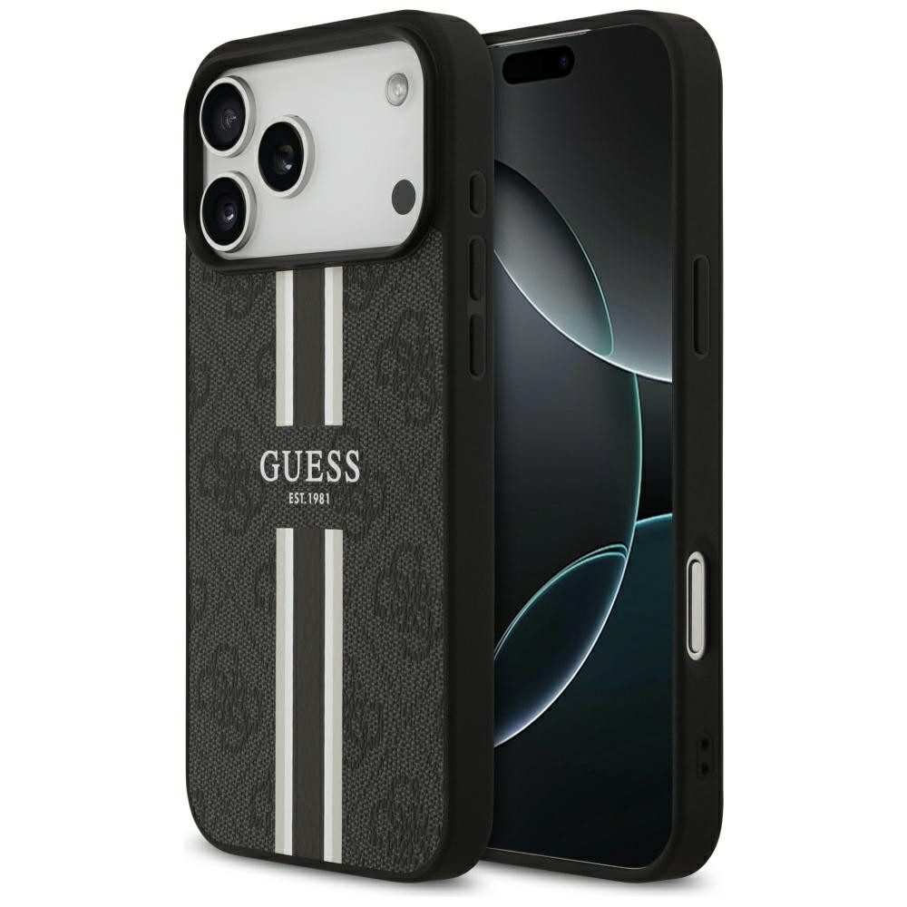 Guess Handyhülle Case iPhone 17 Pro Max MagSafe Kunstleder grau Logo Streifen 6,9 Zoll, Kantenschutz
