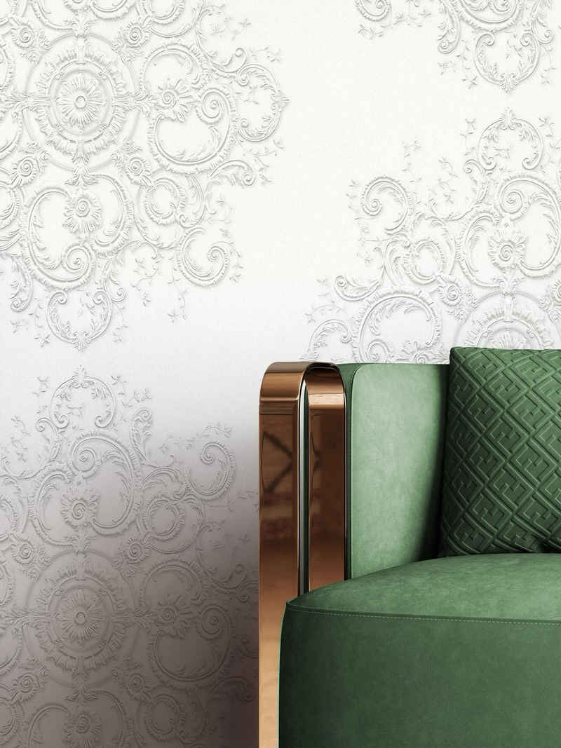 Newroom Vliestapete, Weiß Tapete Barock Ornament - Barocktapete Glamour Modern Prunk für Wohnzimmer Schlafzimmer Küche
