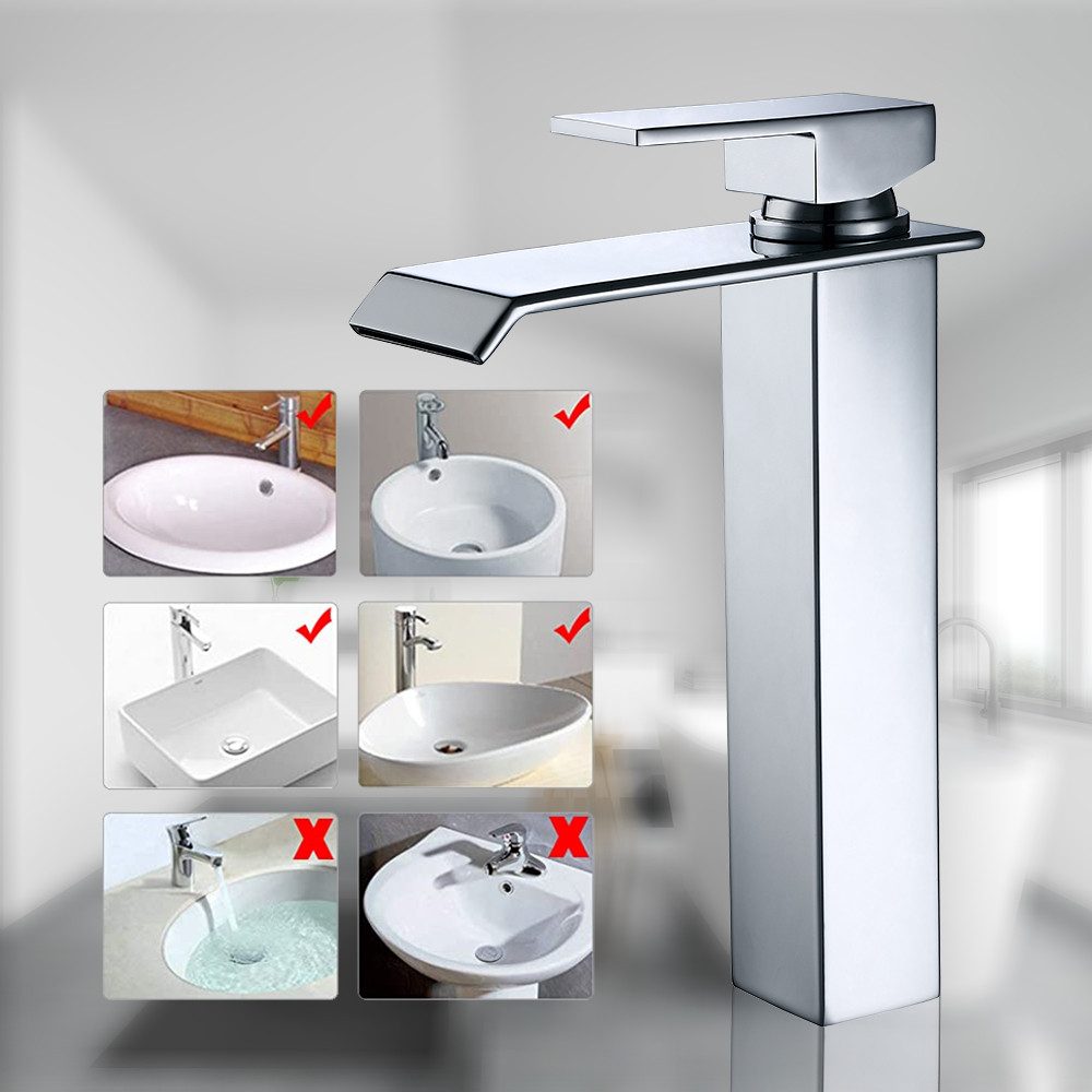 HOMELODY Badarmatur wasserfall Wasserhahn Bad Hoch Waschtischarmatur Waschbeckenarmatur aus Messing Einhandmischer Mischbatterie Bad, Chrom – Bild 5 von 5