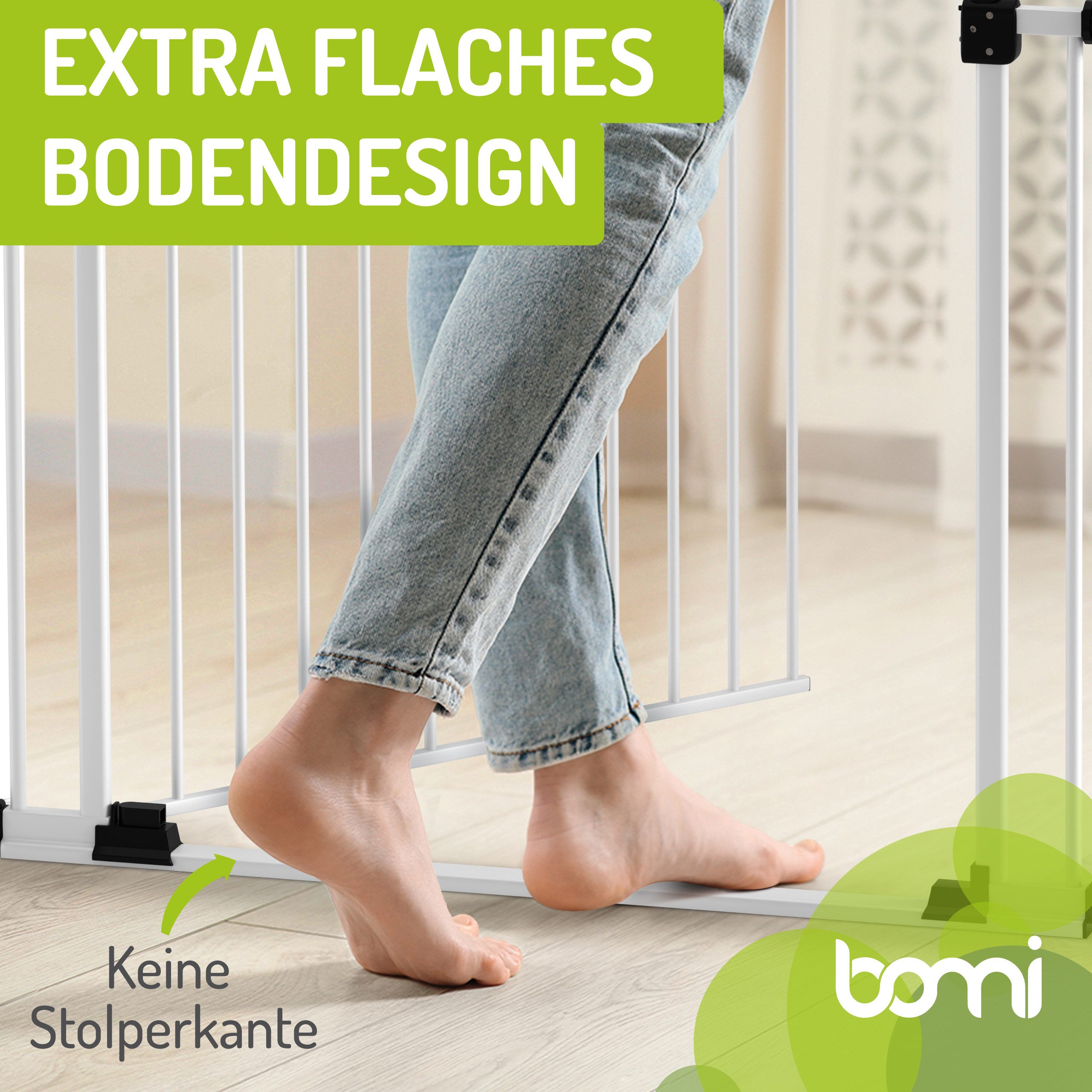 BOMI Türschutzgitter Treppenschutzgitter Merle Flatstep, Babygitter flacher Steg, 63-217 cm (verschiedene Größen, klemm- & verschraubbar), 2-Wege-Öffnung, geprüftes Kindergitter, extra breiter Durchgang