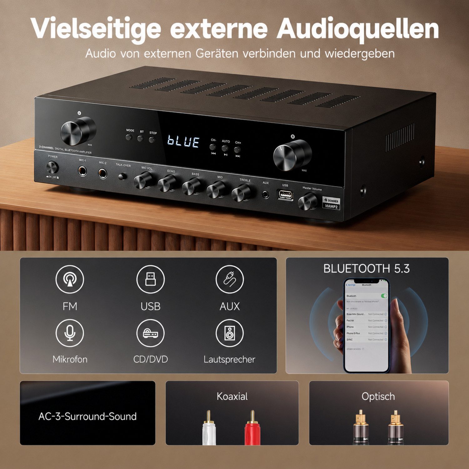 Donner Audioverstärker 2/4/6 Kanal Audio-Leistungsverstärker Stereoempfänger Verstärker (Anzahl Kanäle: 4, 440,00 W, 4 Kanäle, 2 Mikrofoneingänge, Bass, Höhen) – Bild 3 von 5
