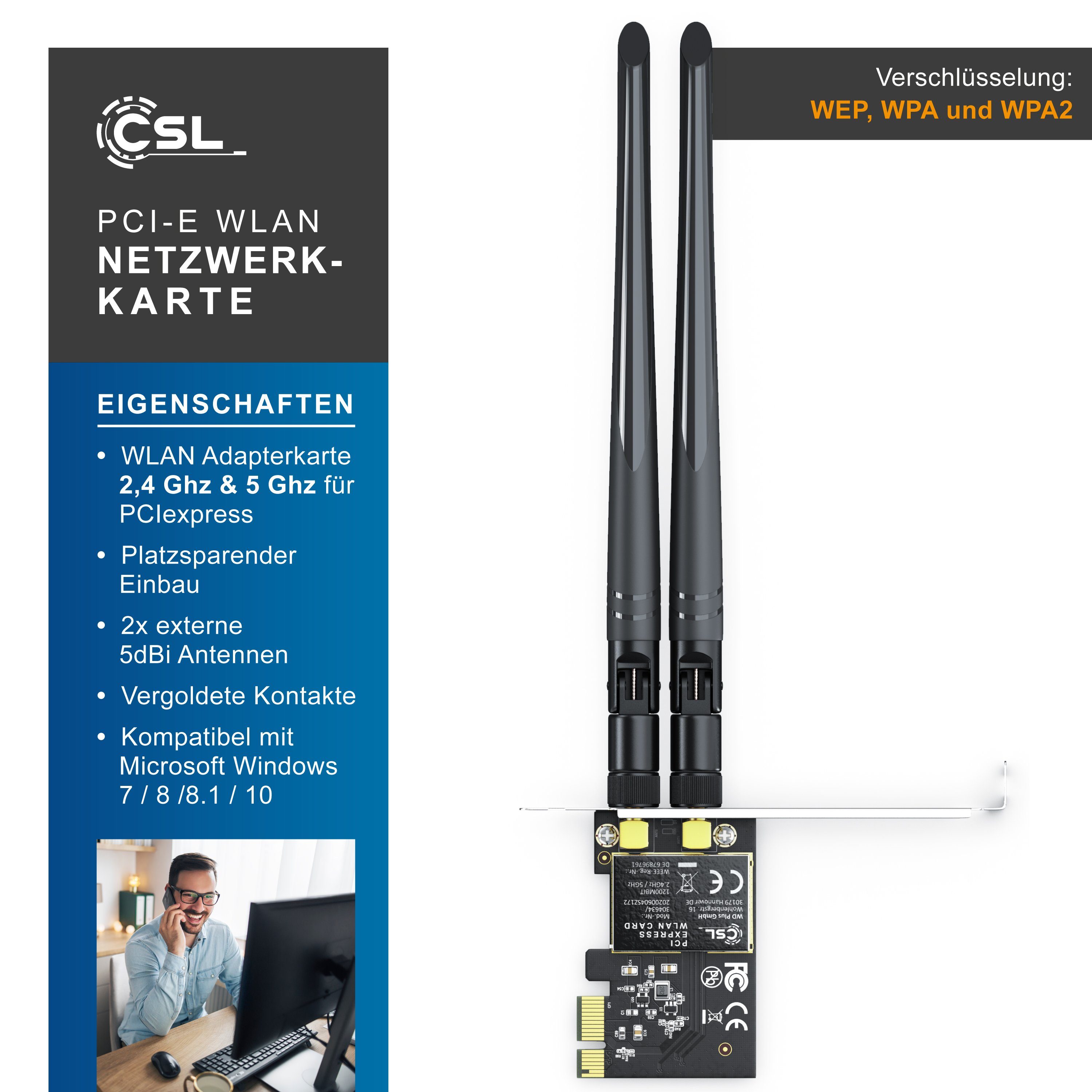 CSL Netzwerk-Adapter, 1200 Mbit WLAN PCIe Netzwerkkarte 2,4 Ghz & 5 Ghz 2x  WiFi Antennen