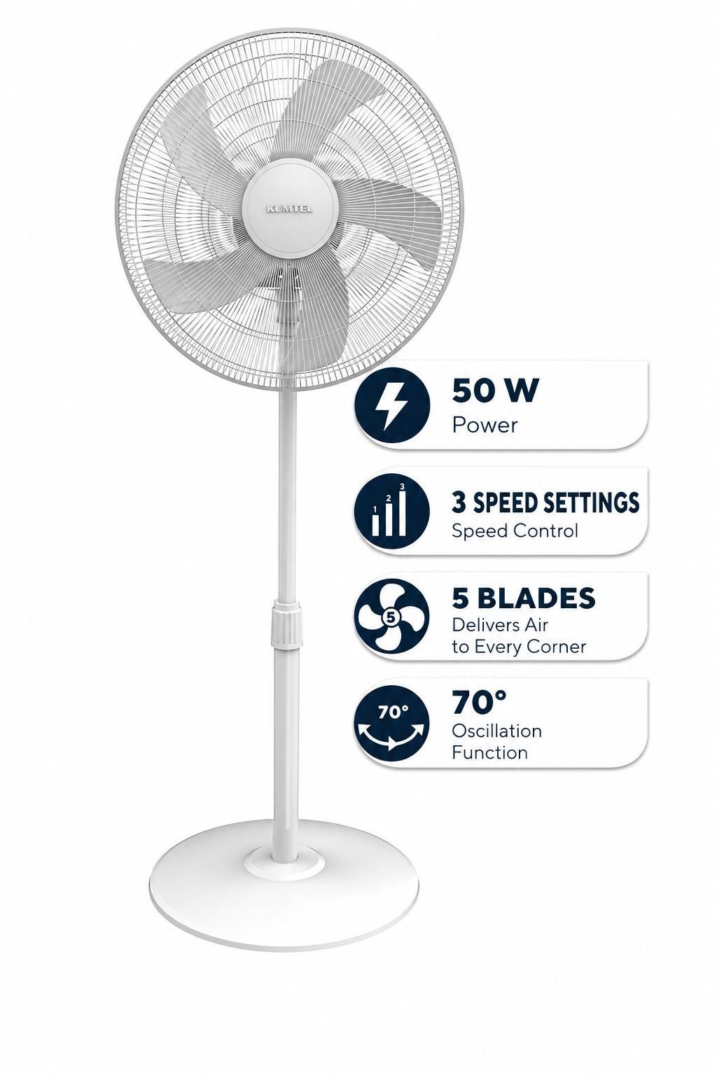 KUMTEL Standventilator KTF-350, 50 W, oszillierend, 5-Blatt-Rotor, geräuscharmer Betrieb