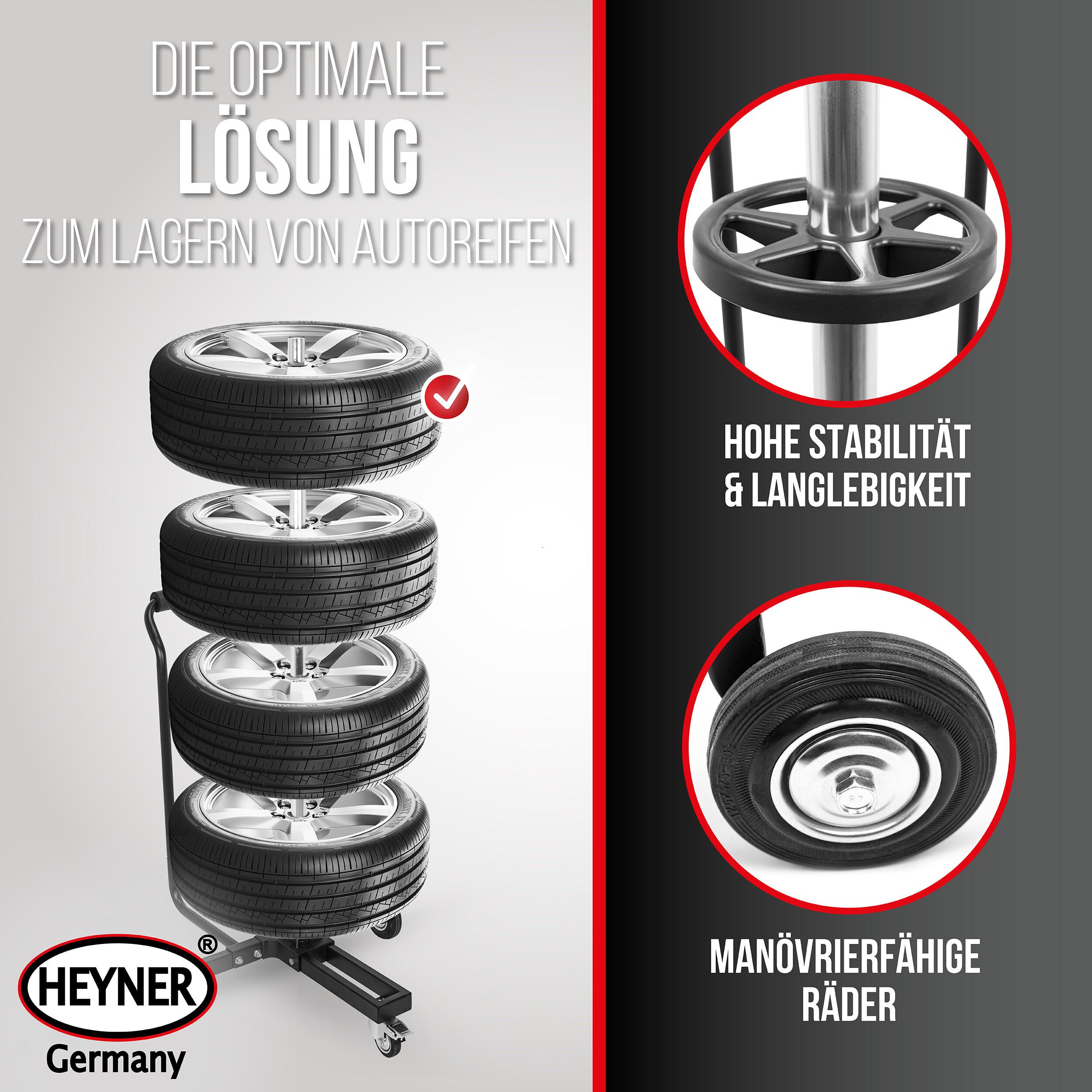 HEYNER Mobile Rim Tree - Up to 285 mm tire width, 100 kg load capacity, with, 1-piece.
