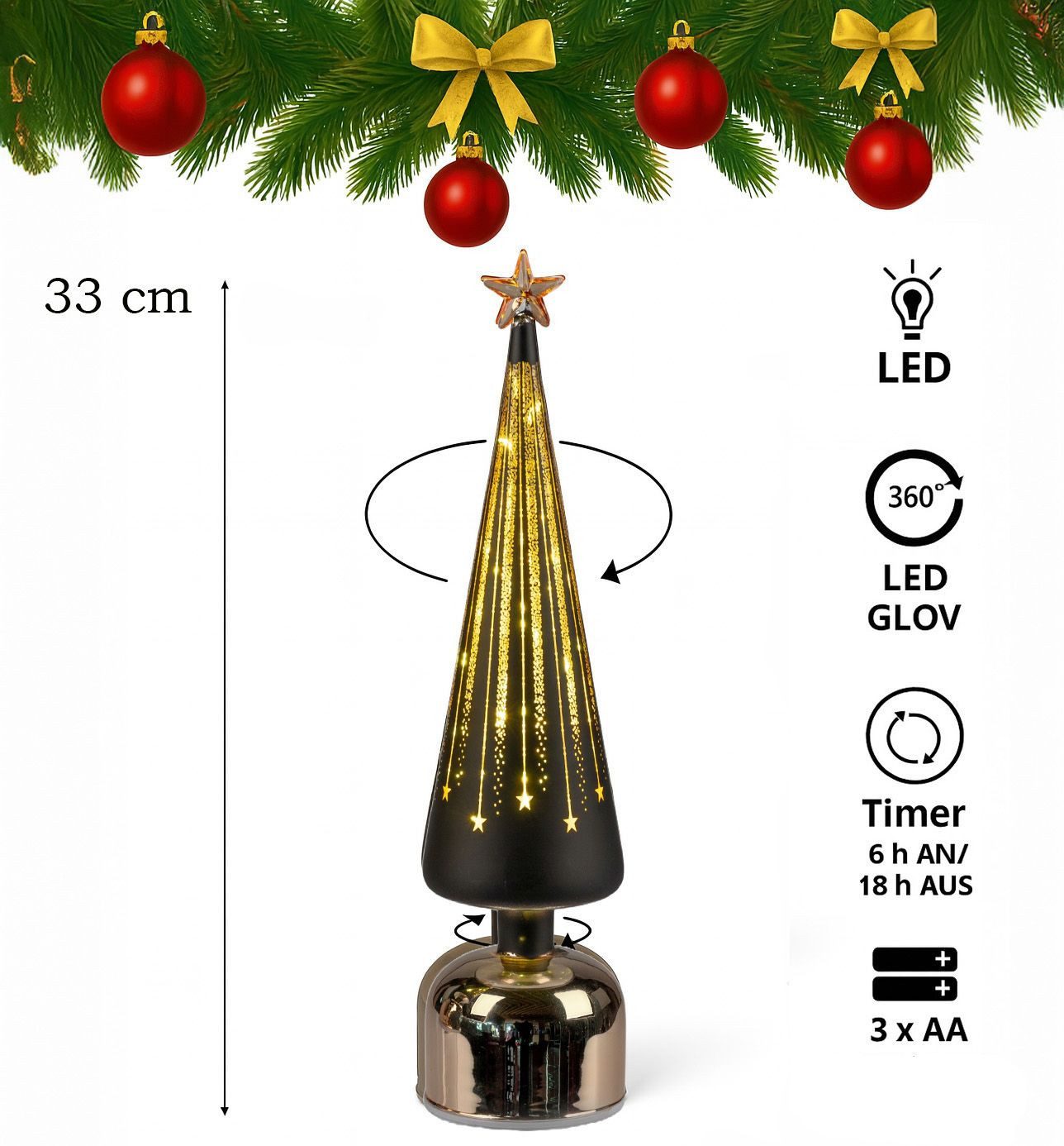 formano LED Dekolicht Weihnachtsbaum drehend Baum 38 cm schwarz-gold aus Farbglas mit Timer, LED fest integriert