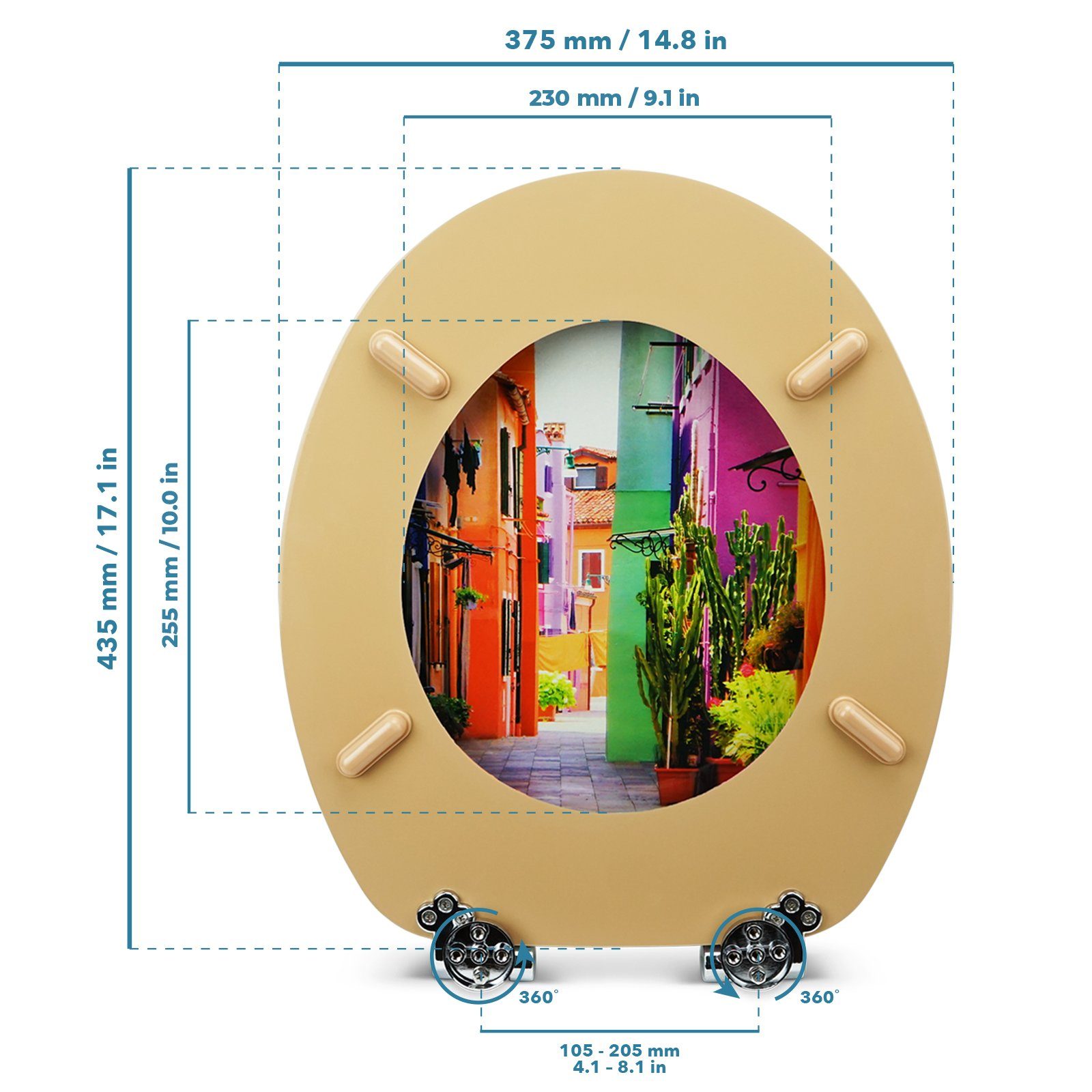 Sanfino WC-Sitz „Colorful Houses“ hochwertiger Toilettendeckel mit Absenkautomatik, aus Holz, viele bunte Motive, hoher Sitzkomfort, einfache Montage – Bild 5 von 5