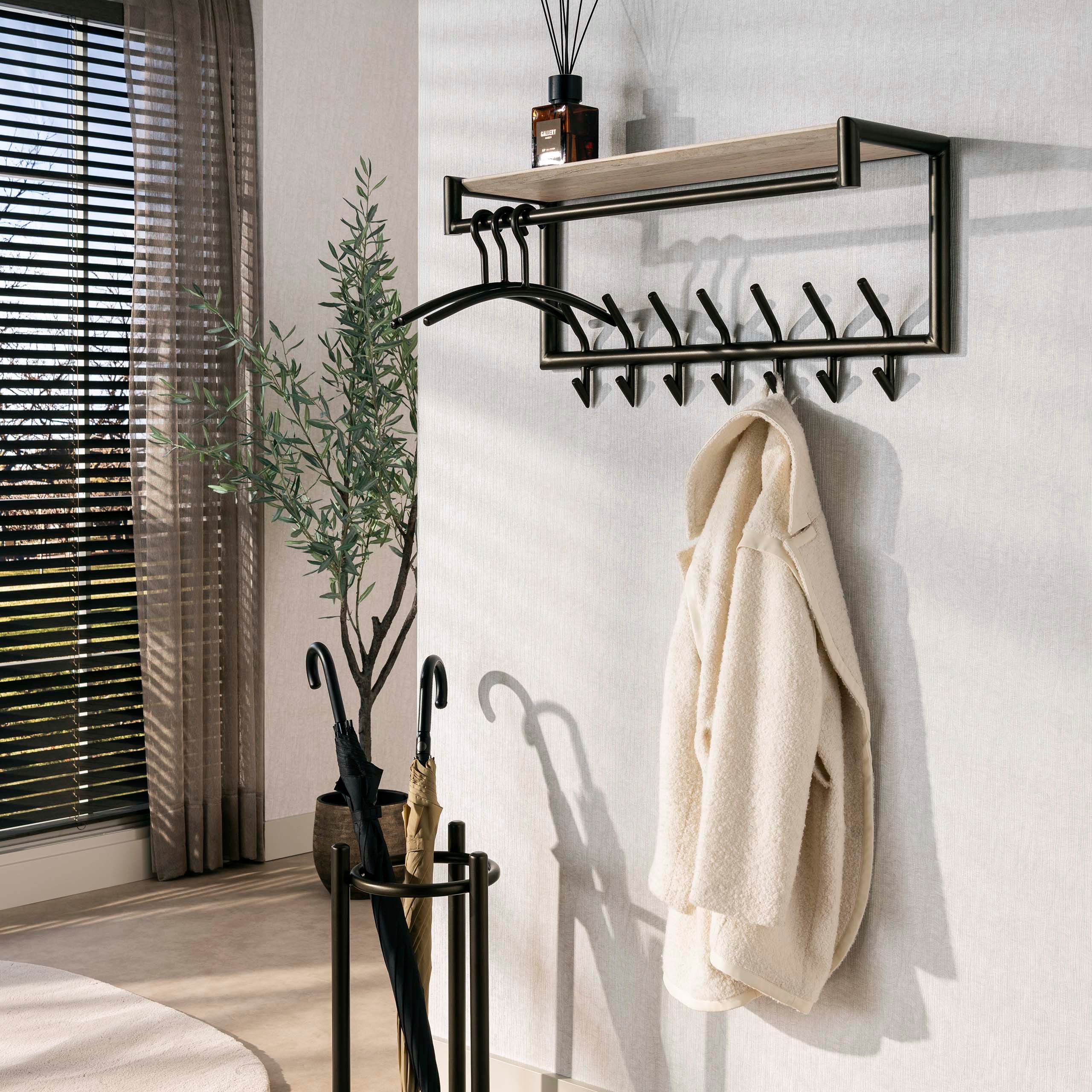 LEVEN Lifestyle Wandgarderobe Garderobe SIERRA mit Kleiderhaken und Hutablage Melamin Travertinoptik, Breite auswählbar: 65 cm oder 85 cm - Metallrahmen in Bronze Optik