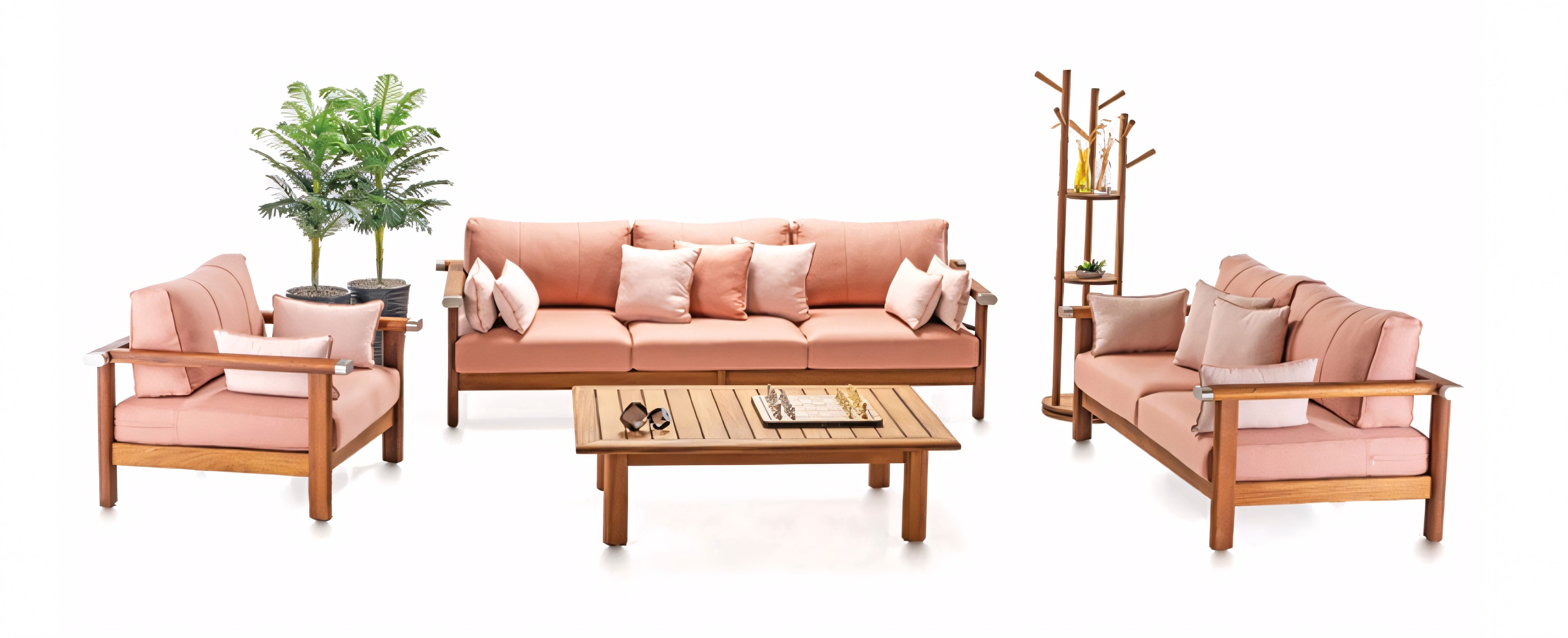 JVmoebel Gartenlounge-Set Gartenmöbel-Set in Rosa – Ästhetik & Gemütlichkeit für Ihren Garten, (1-tlg., Sofa 3 Sitzer, Sofa 2 Sitzer, Sassel, Couchtisch), Made in Europe