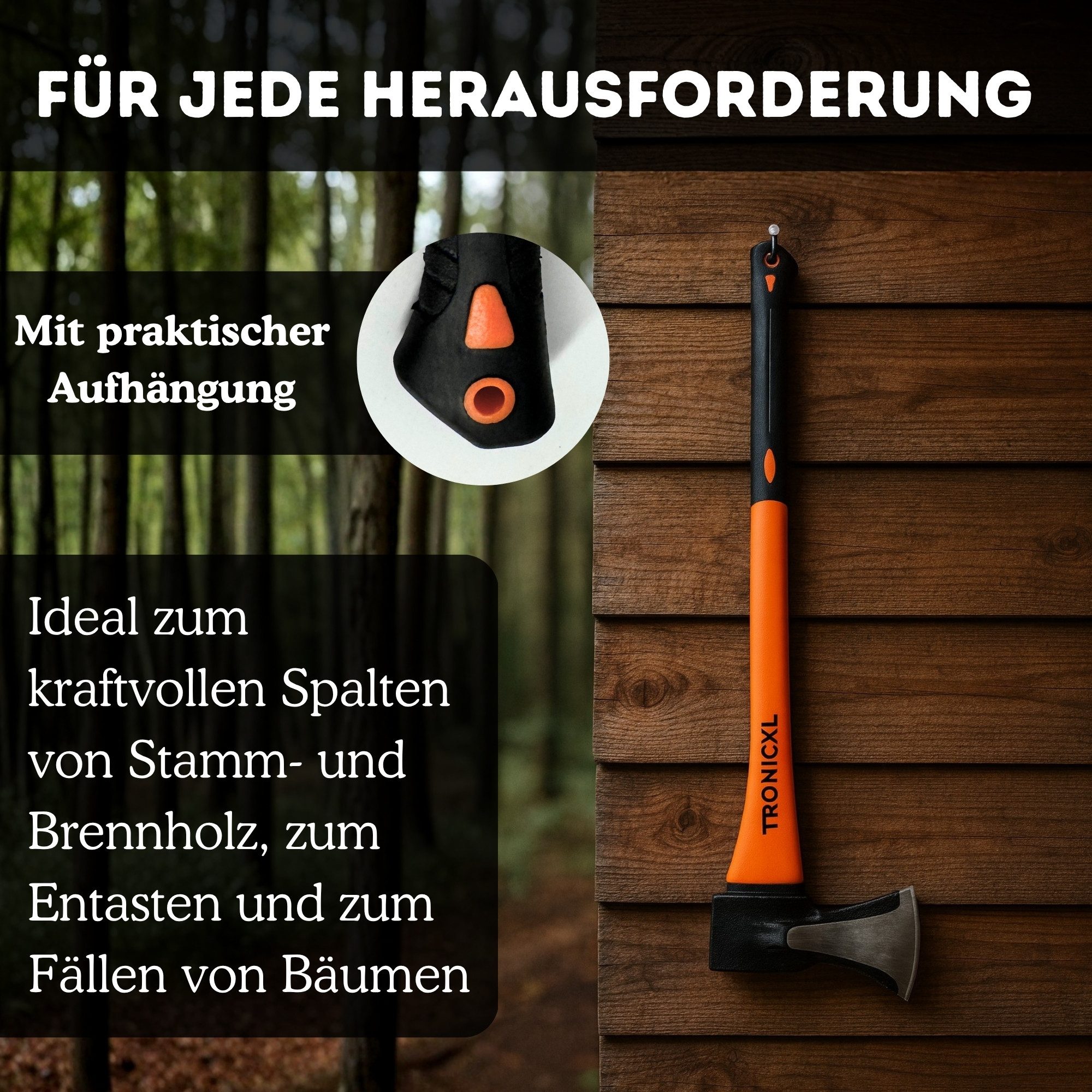 TronicXL Axt Große Axt Spaltaxt groß Beil Karbon Stahl 2000g Fiberglas Stiel Holz, 88 cm Länge, (Forst Profi, 1-St., lang Carbon Steel), Brennholz zum spalten B – Bild 4 von 5