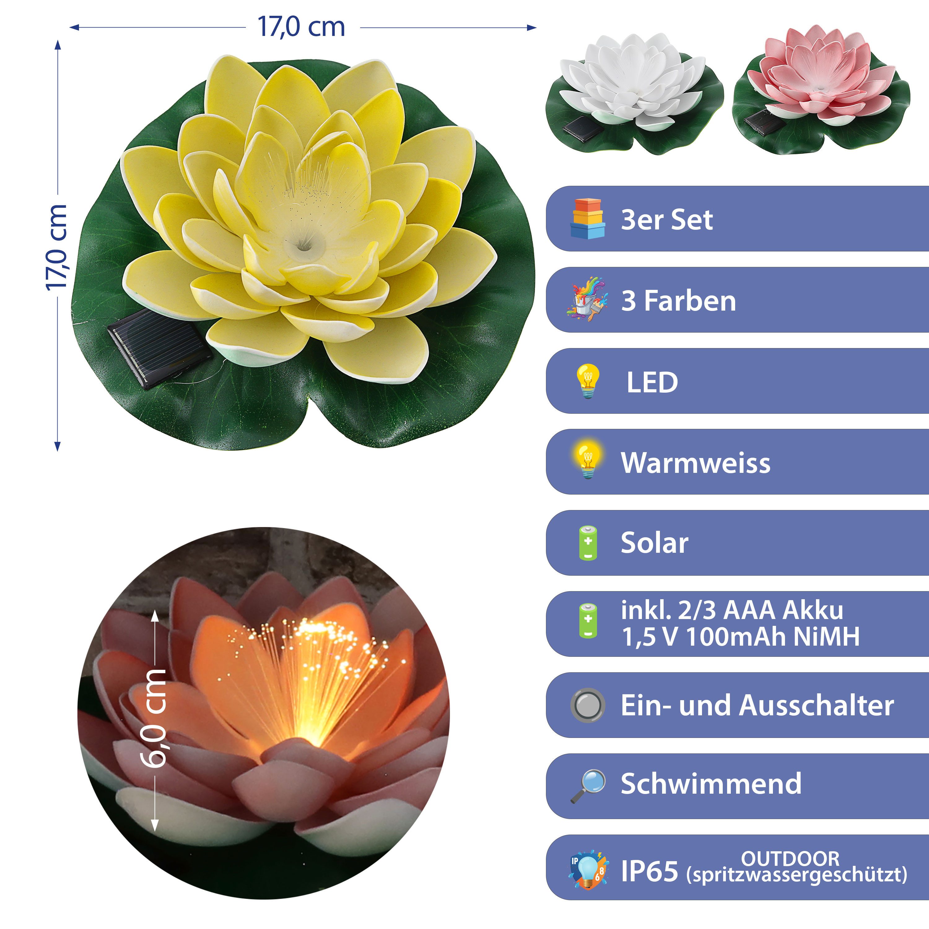 CEPEWA LED Dekolicht LED Seerose Solar 3er Set EVA PVC Ø17x6cm gelb weiß rosa schwimmend
