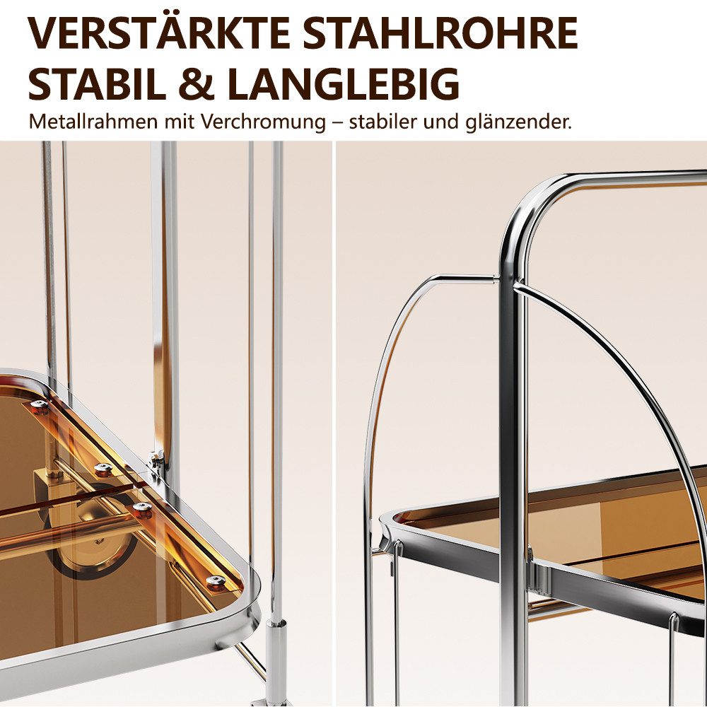 YMQHBS Küchenwagen Klappbarer Wagen (mit Bremse) mit 2 Hartglasböden,Servierwagen, Klappen Küchenwagen mit 4 Rollen, 68 x 40 x 80cm, für Küche Wohnzimmer – Bild 4 von 5