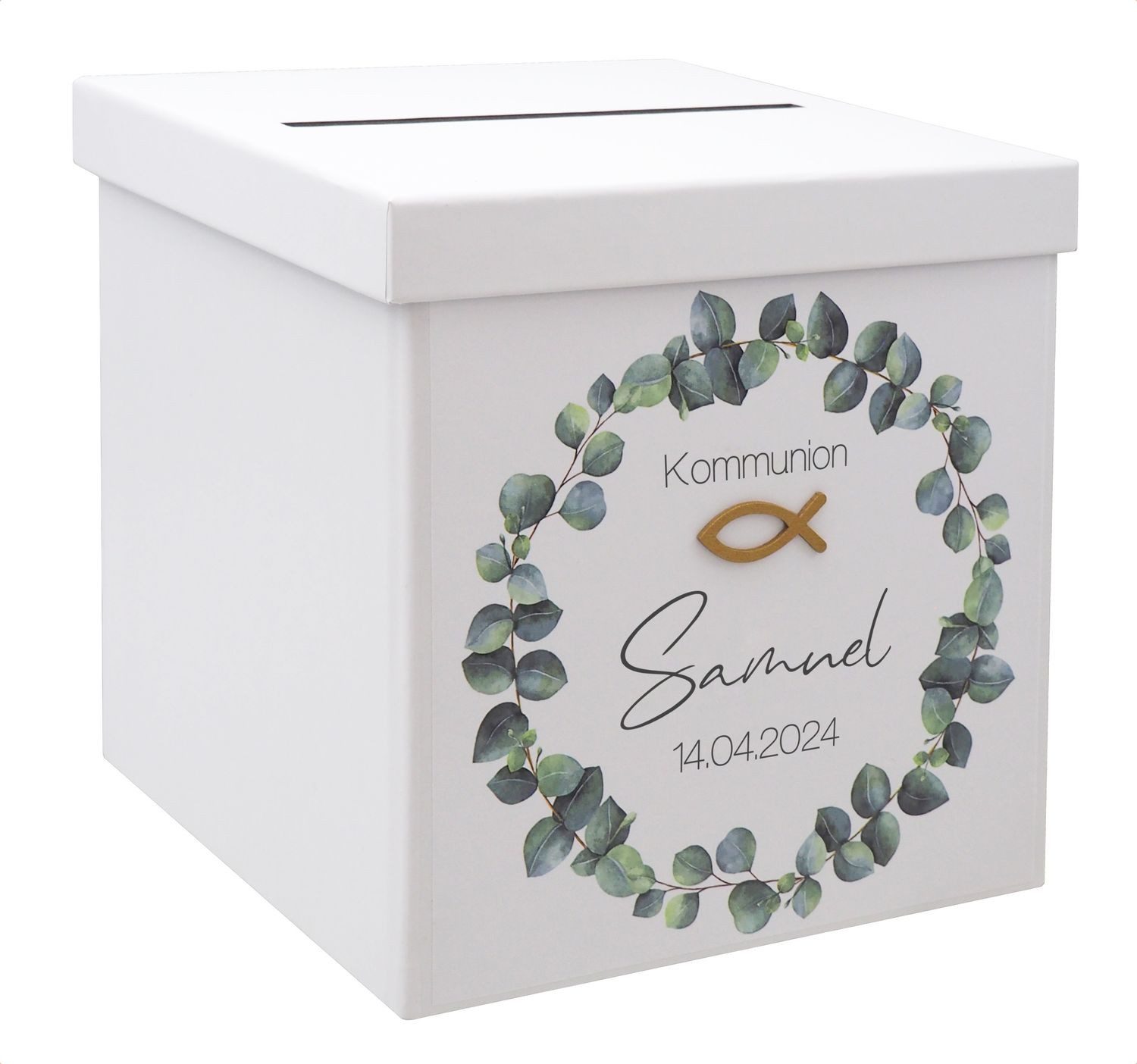 Thumbnail - ZauberDeko Geschenkbox Briefbox Eukalyptus Fisch Gold Kommunion Konfirmation Personalisiert