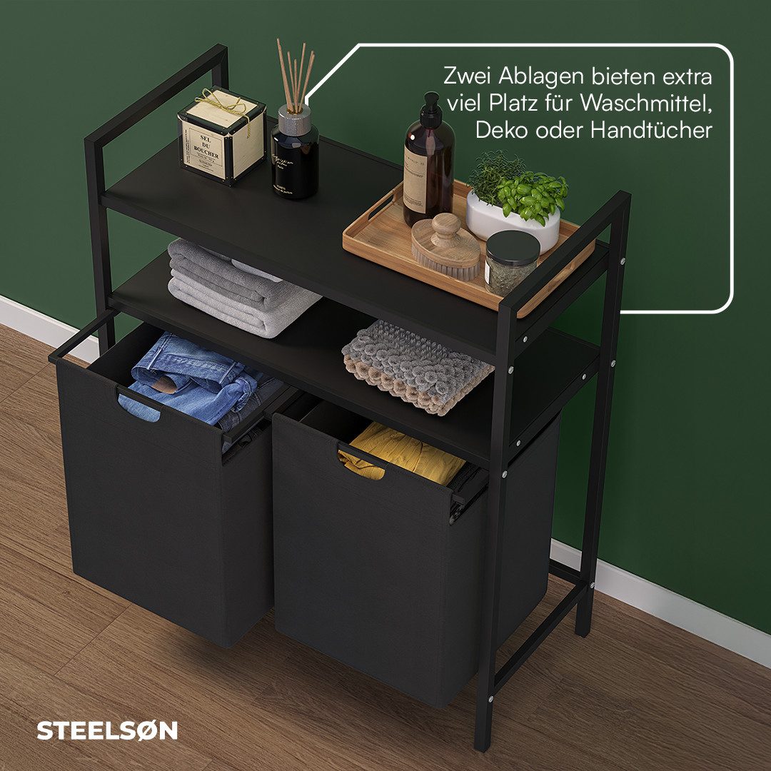 STEELSØN Wäschekorb Rigil aus Metall (2 Fächer (90 L) mit 2 MDF-Ablagen, schwarz), auch verfügbar mit 3 oder 4 Fächern, ausziehbar & abnehmbar – Bild 4 von 5