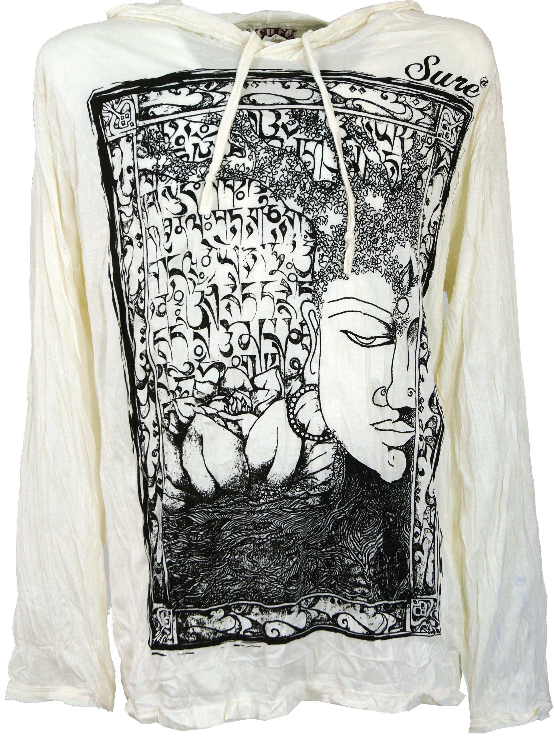 Guru-Shop T-Shirt Sure Langarmshirt, Kapuzenshirt Mantra Buddha -.. Goa Style, Festival, alternative Bekleidung weiß | T-Shirts