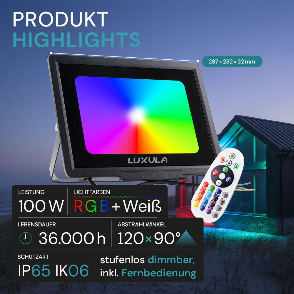 LUXULA LED Wandstrahler RGB Farbwechsel Fluter, LED fest integriert, 100W Außenstrahler mit Fernbedienung