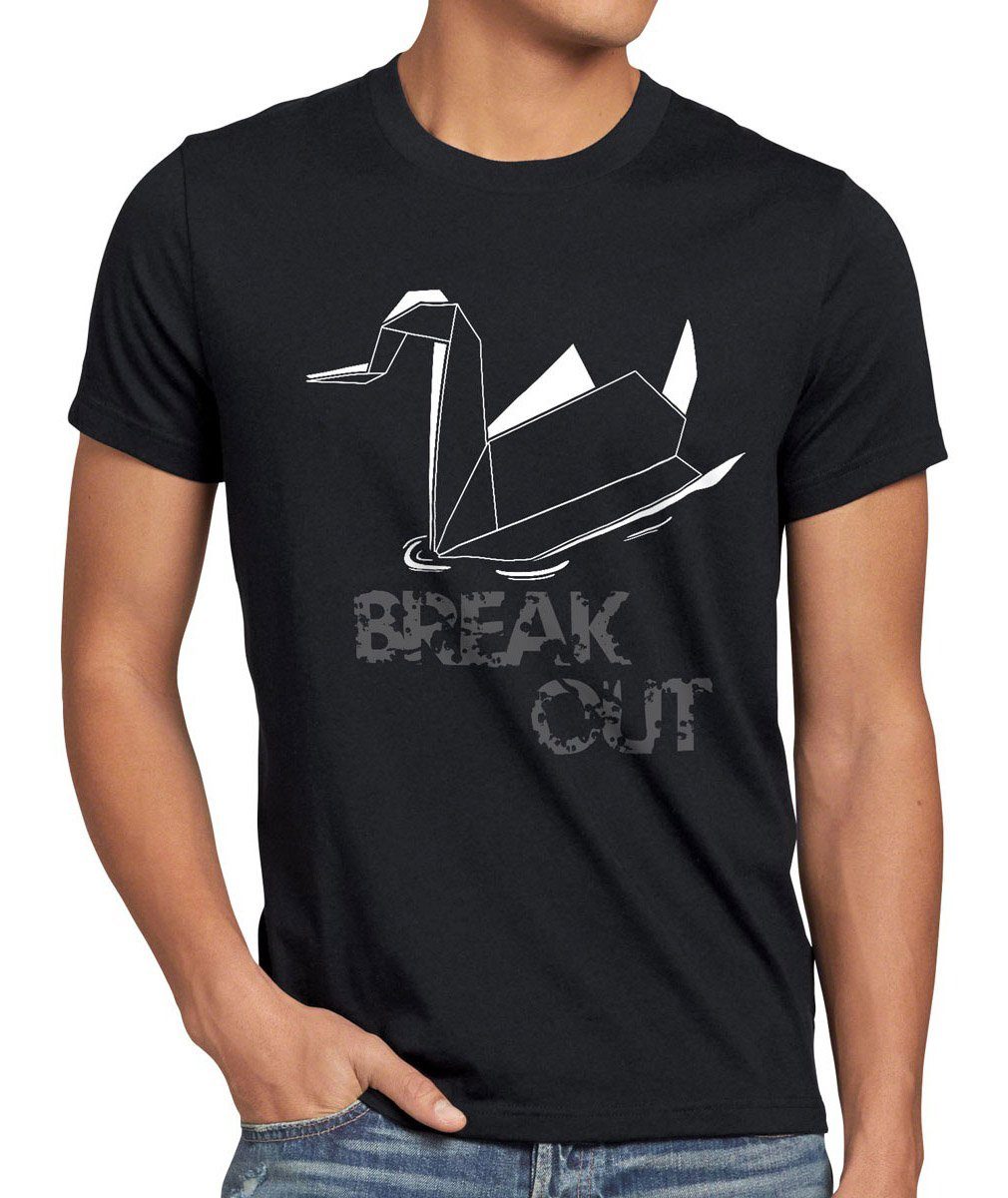 style3 Print-Shirt Herren T-Shirt Swan Break Out Schwan Papier origami prison gefängnis scofield us schwarz