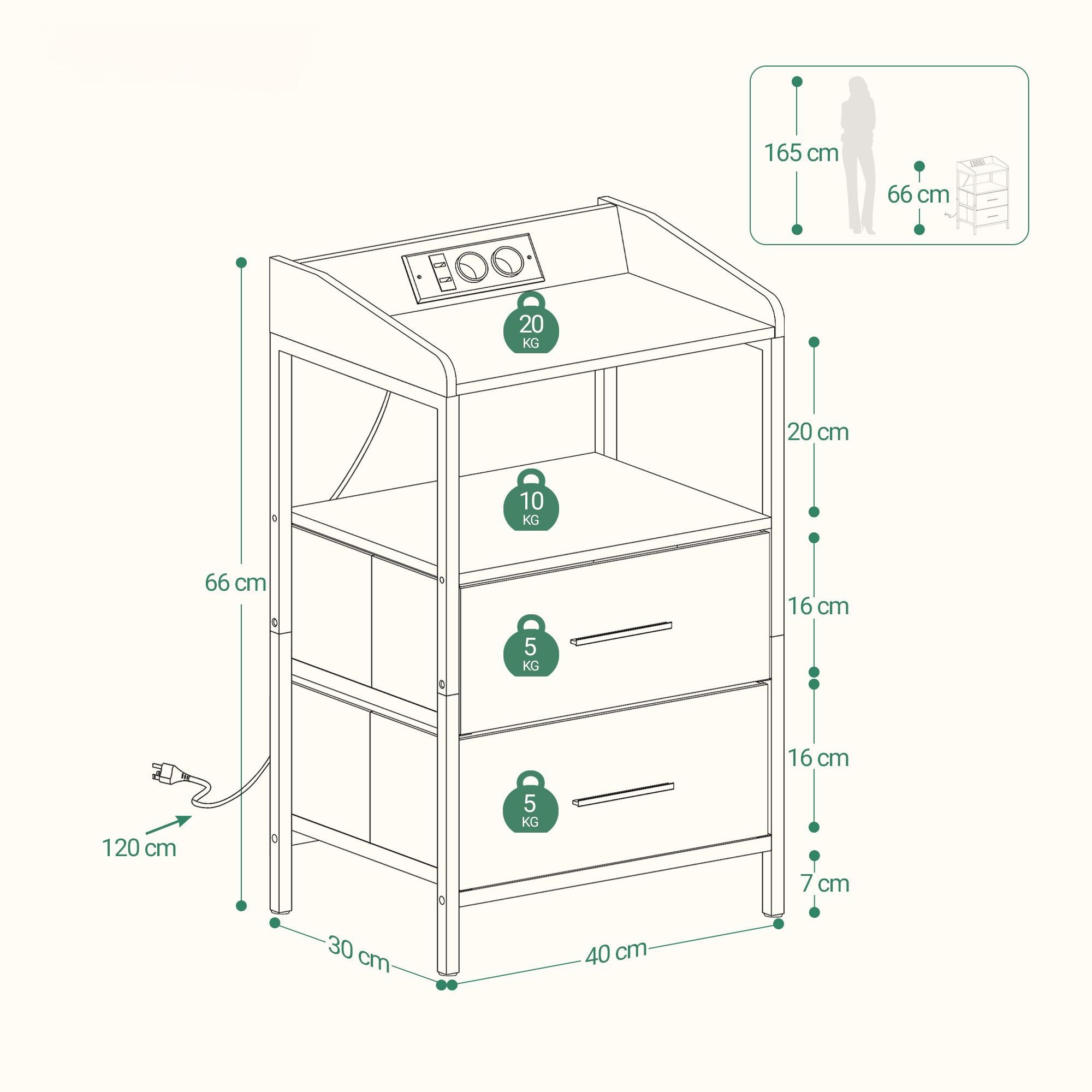 HZUANERI Nachttisch mit LED-Licht USB-Anschlüssen Steckdosen 2 Stoffschubla günstig online kaufen