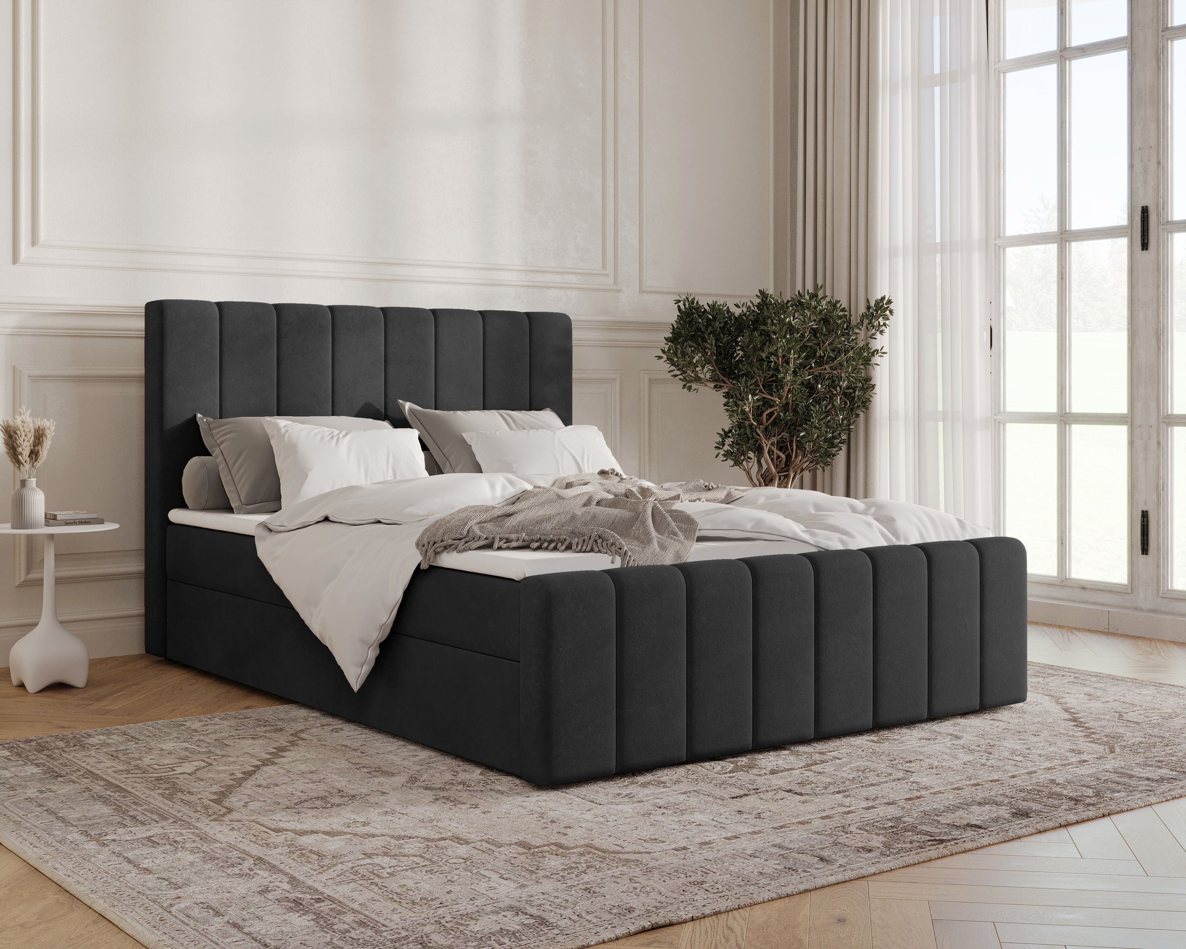 MOEBLO Boxbett BETT 01 BIS (Bonell, Topper, modernes Velours-Design mit Steppung & Stauraum, Doppelbett gepolstertes Kopfteil mit Bettkasten, aus Samt, Polsterbett Kontinentalbett, dekorativem Kopfteil, aus Samt), - (BxHxT):144/164/184x113x223 cm