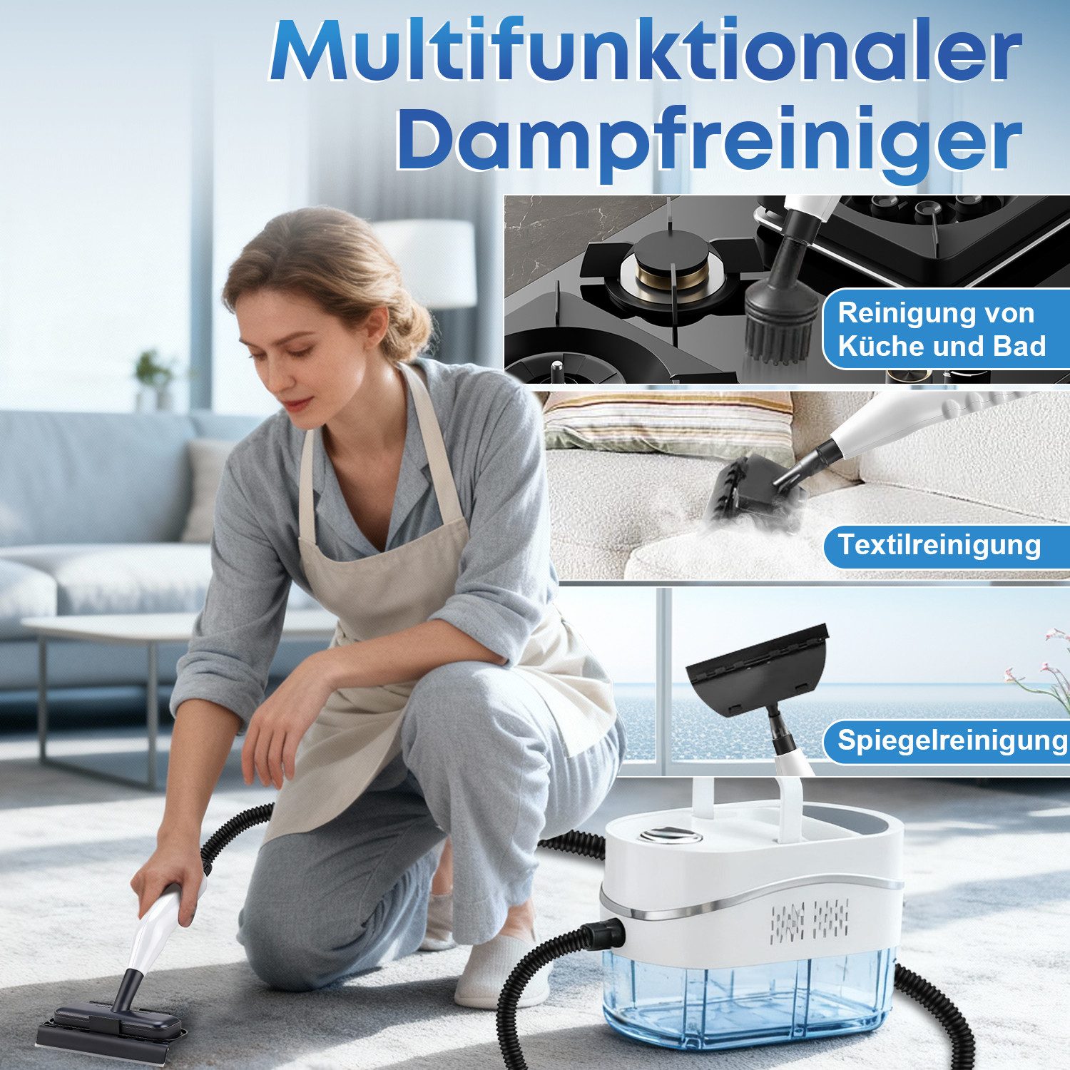 CkeyiN Pro Dampfreiniger Handdampfreiniger,1200 ml Tank,Küchenreiniger,Tragbarer Reiniger, 1500 W, mit 8 Aufsätzen,für Boden, Küche, Fenstern,Badezimmern, Autos