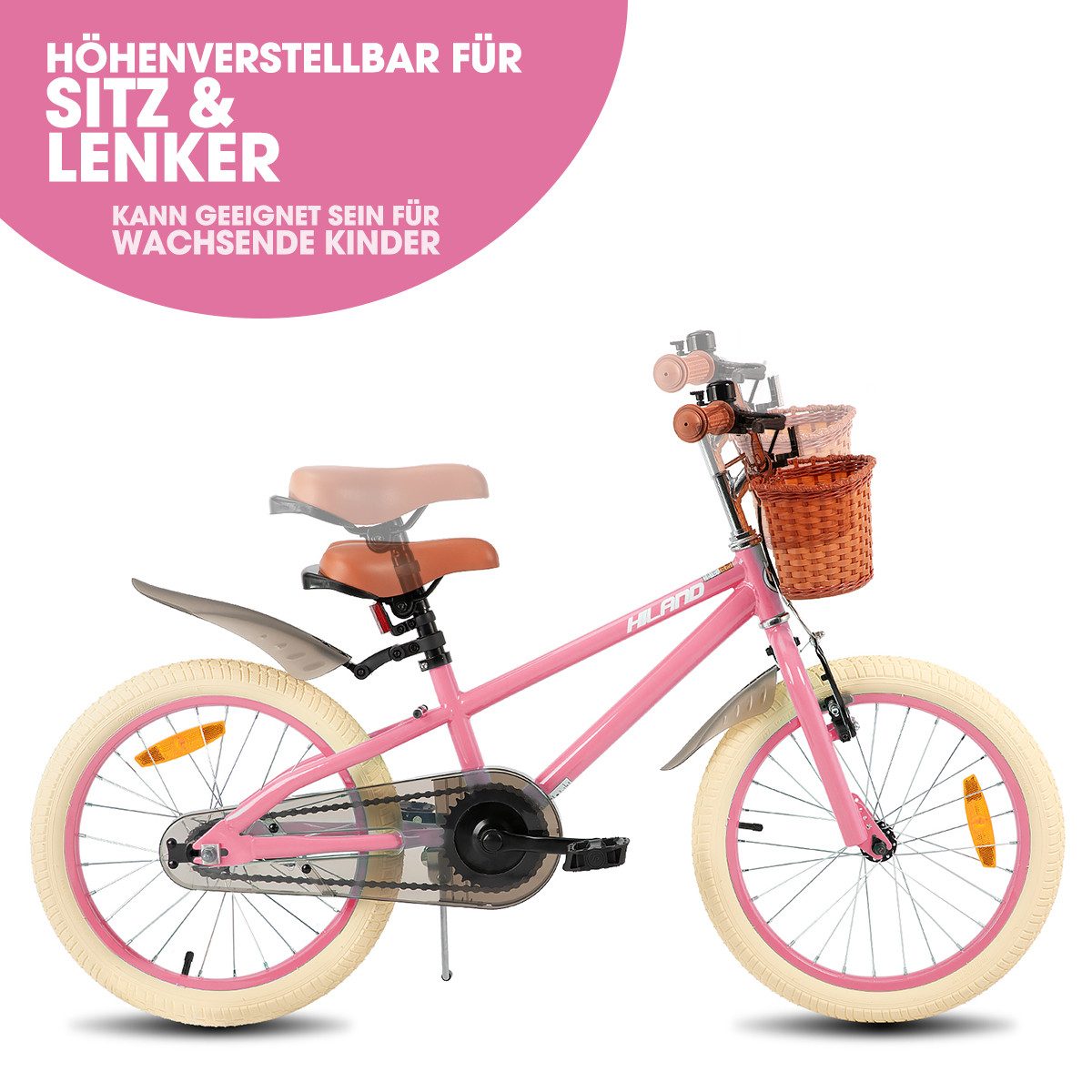 HILAND Kinderfahrrad HILAND Retro Kinderfahrrad Korb, Stützräder & Bremse 14/16/18 Zoll, mit Stützrädern, Handbremse und Rücktrittbremse, Korb – Bild 3 von 5